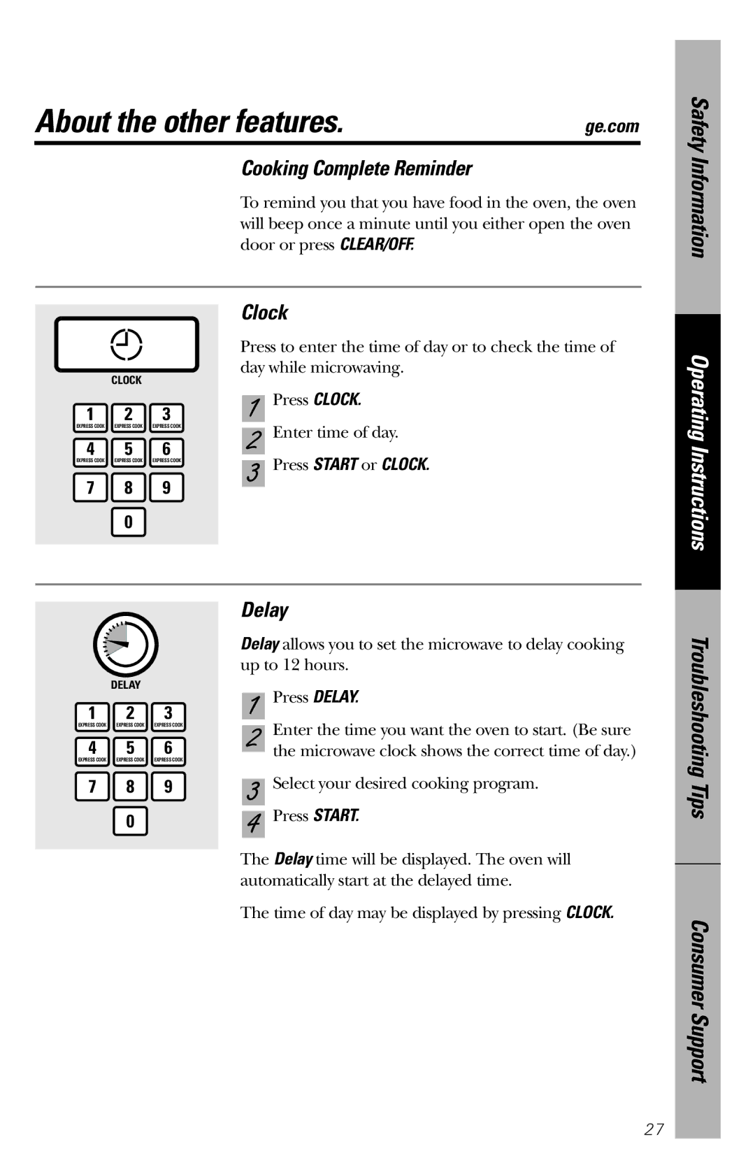 GE JES1334SD owner manual About the other features, Cooking Complete Reminder, Clock, Delay 