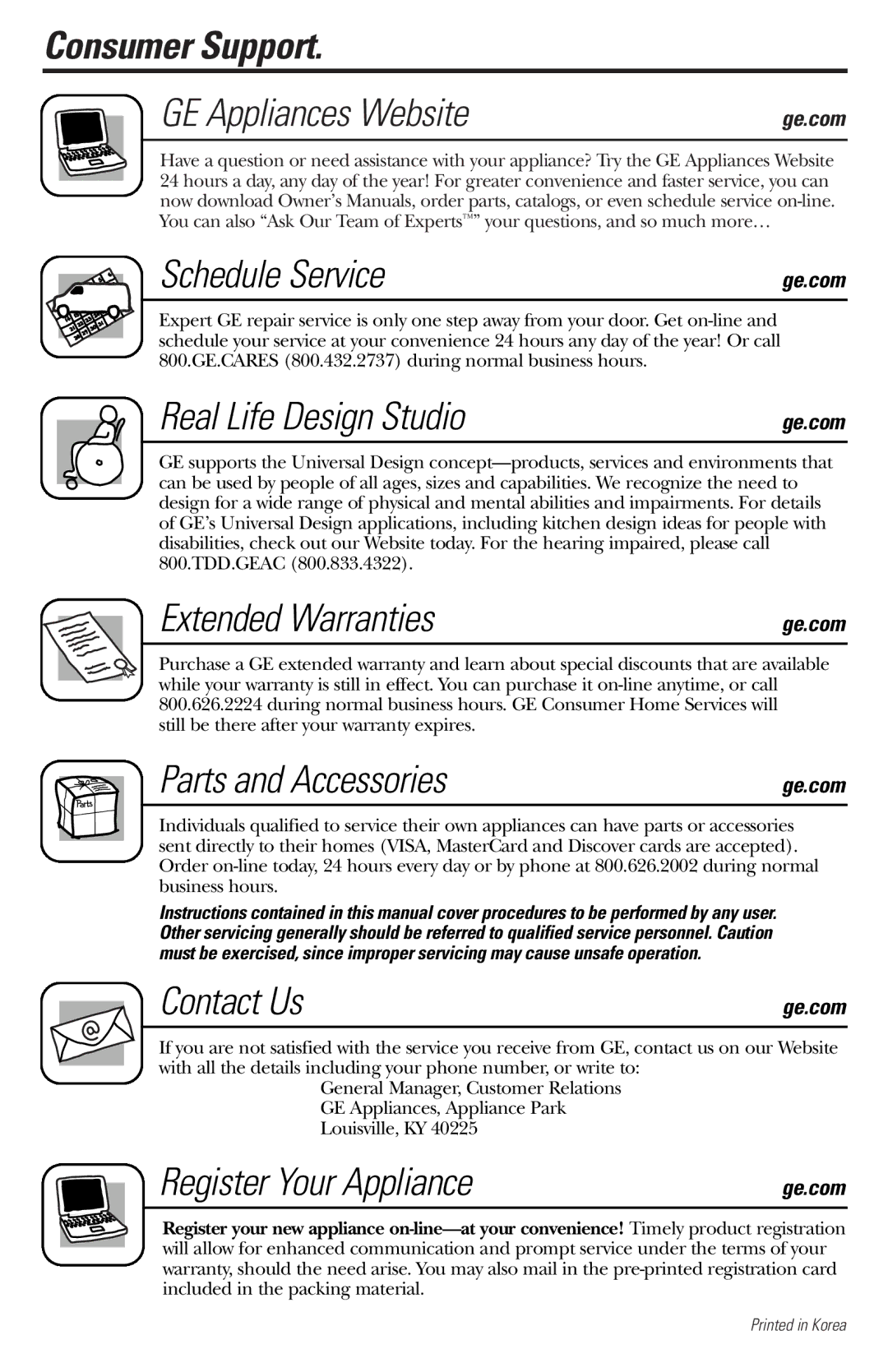 GE JES1334SD Consumer Support GE Appliances Website, Schedule Service, Real Life Design Studio, Extended Warranties 