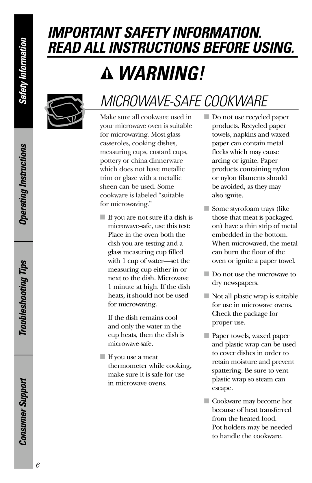 GE JES1334SD owner manual MICROWAVE-SAFE Cookware 