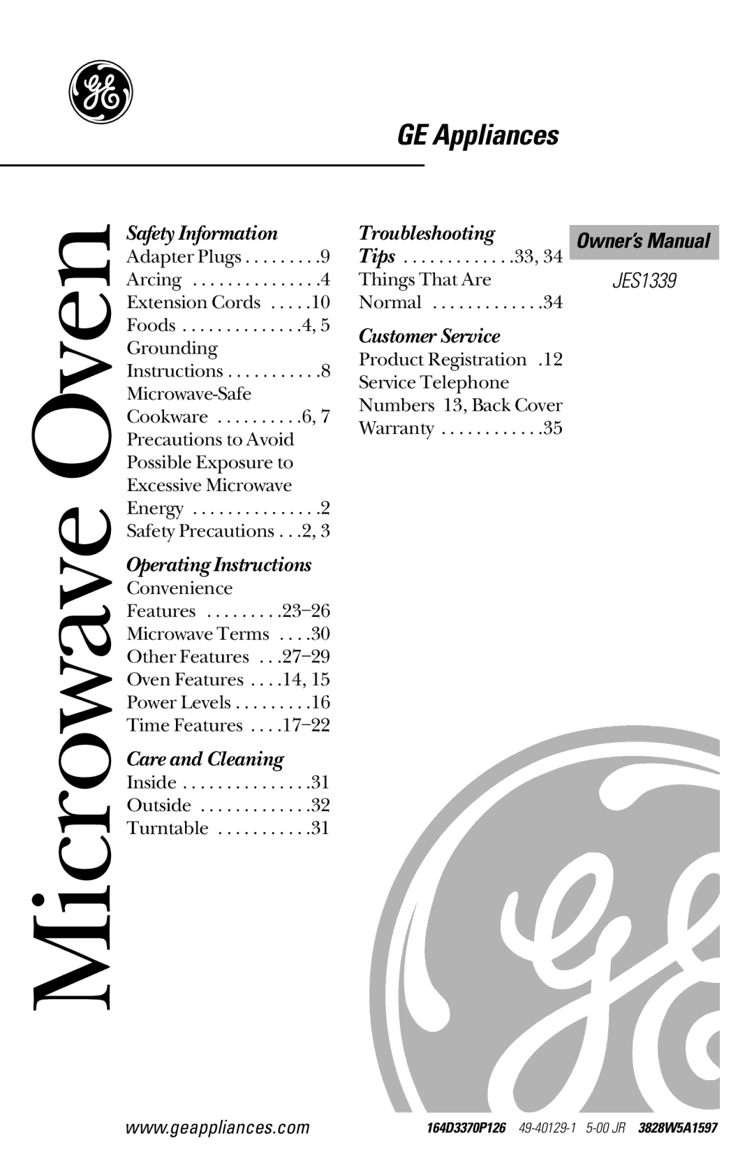 GE JES1339 owner manual Microwave Oven 