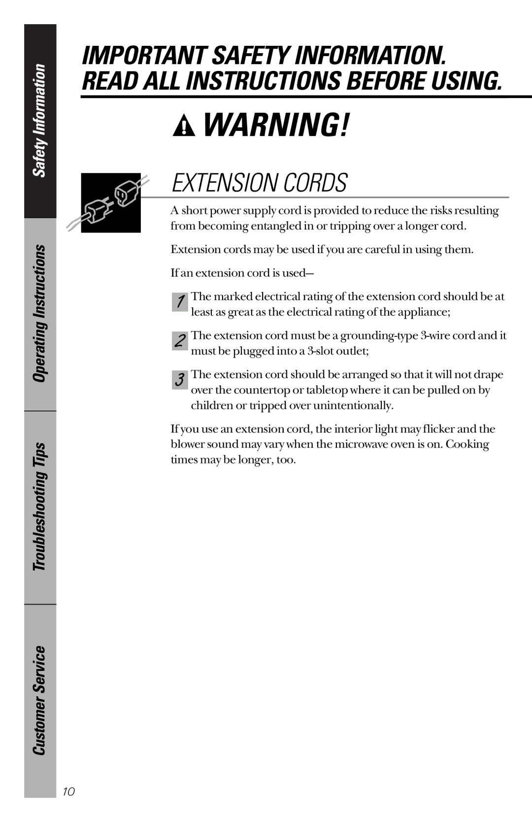 GE JES1339 owner manual Extension Cords 