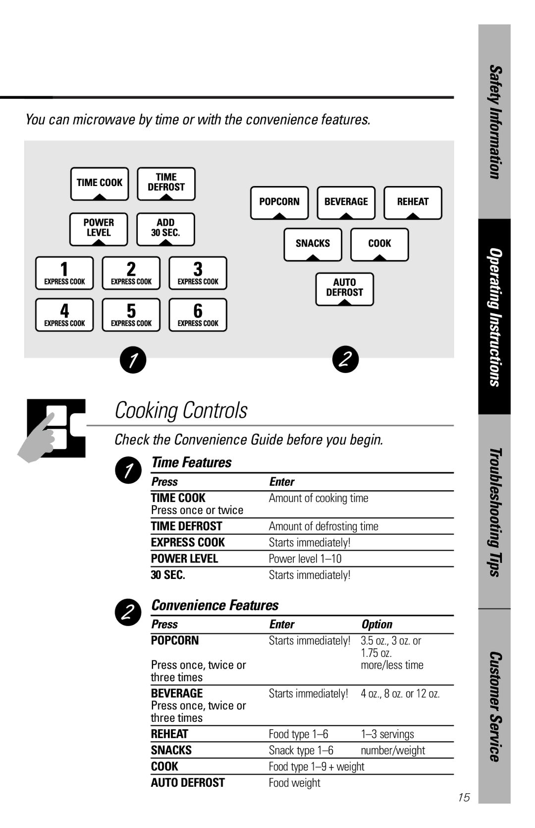 GE JES1339 owner manual Time Features, Convenience Features, Press Enter Option 