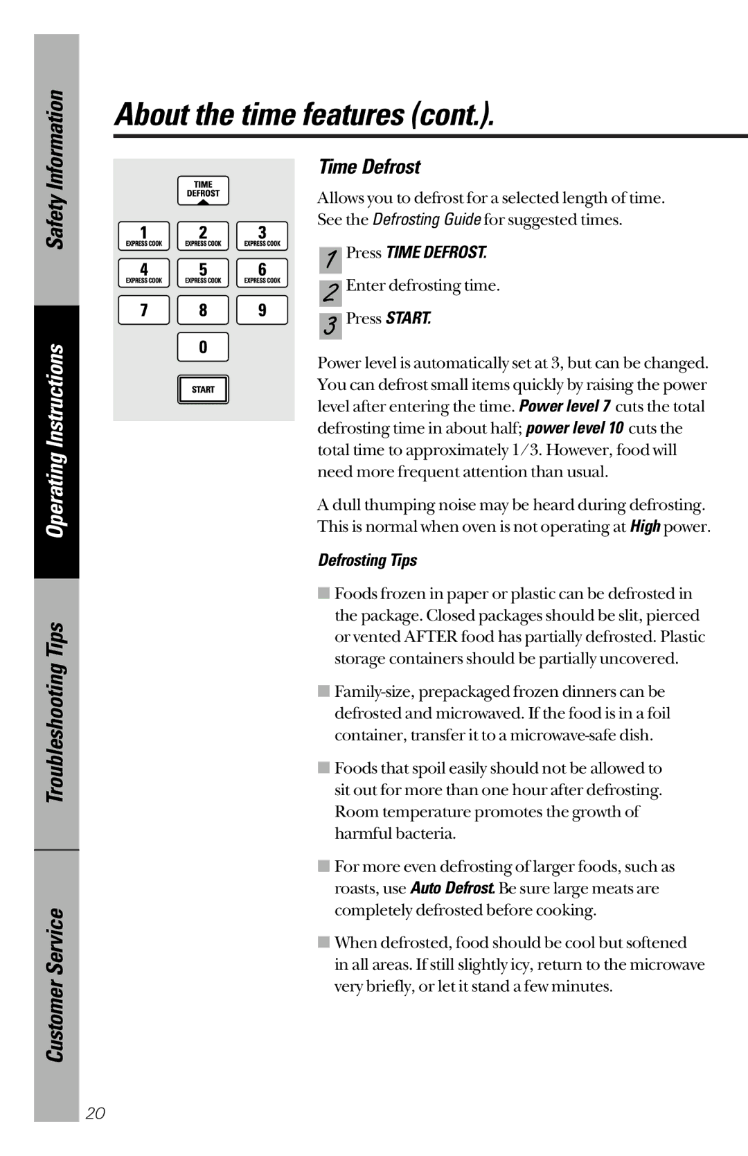 GE JES1339 owner manual Time Defrost, Defrosting Tips 