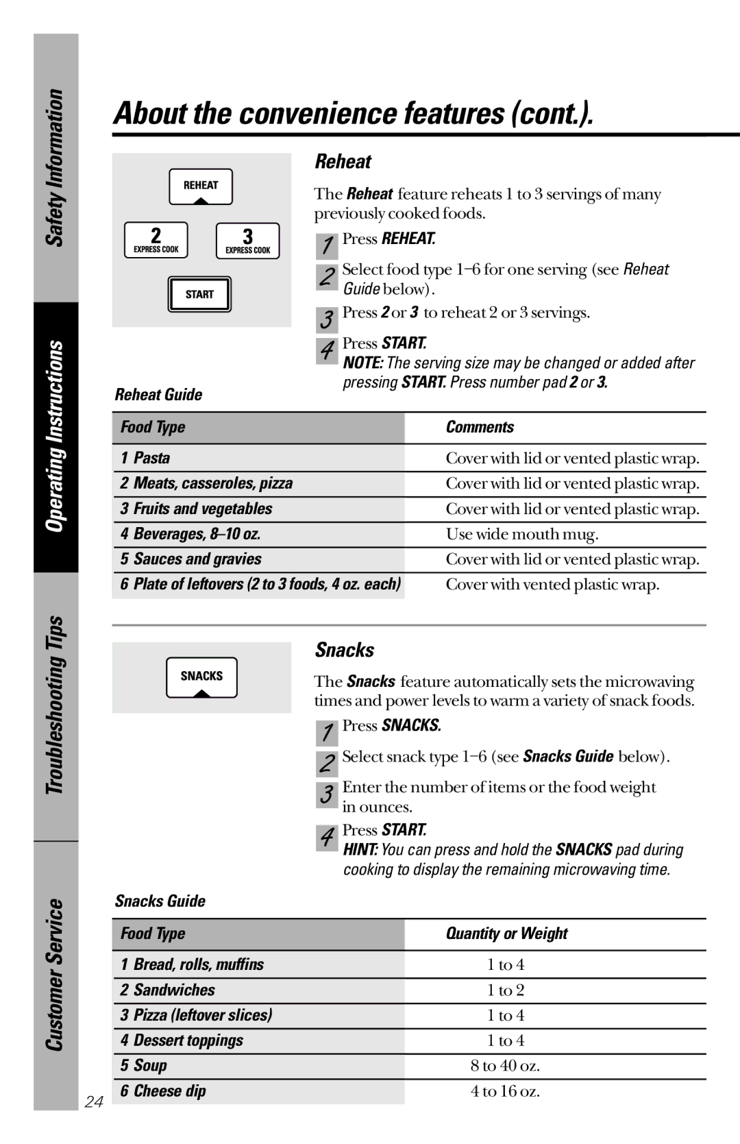 GE JES1339 owner manual Reheat, Snacks 