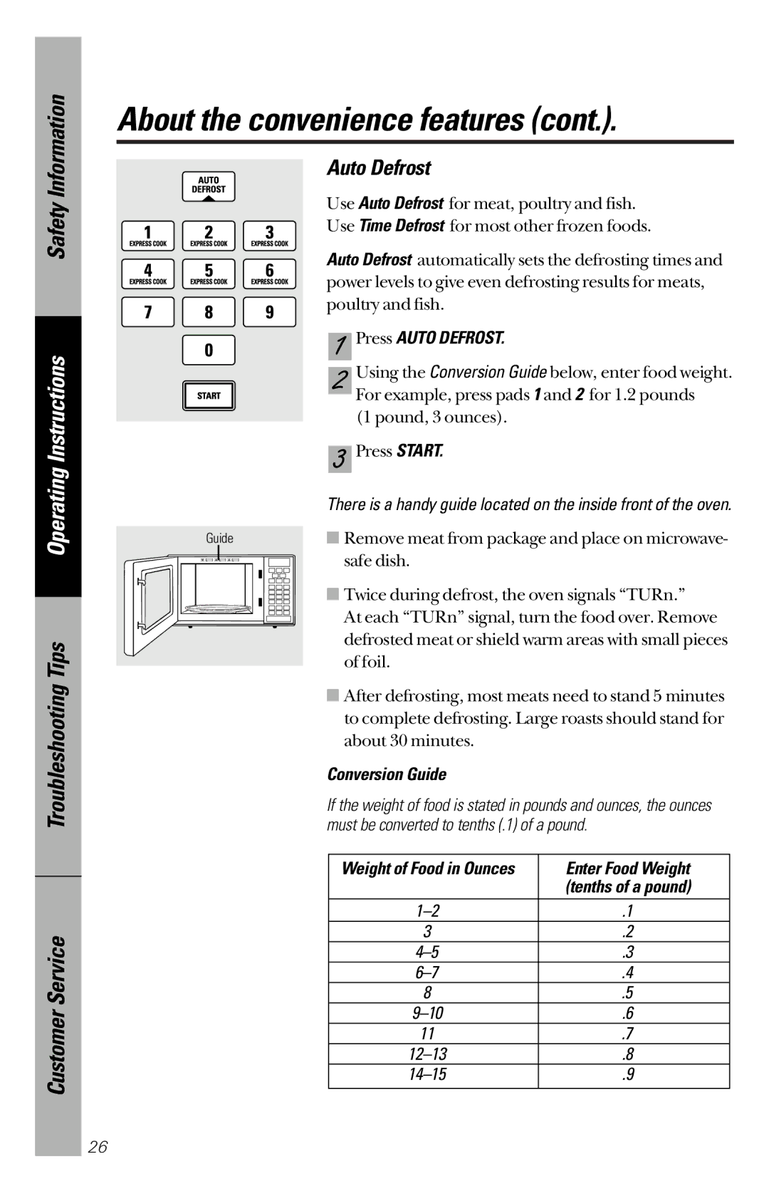 GE JES1339 owner manual Press Auto Defrost, Conversion Guide, Enter Food Weight 