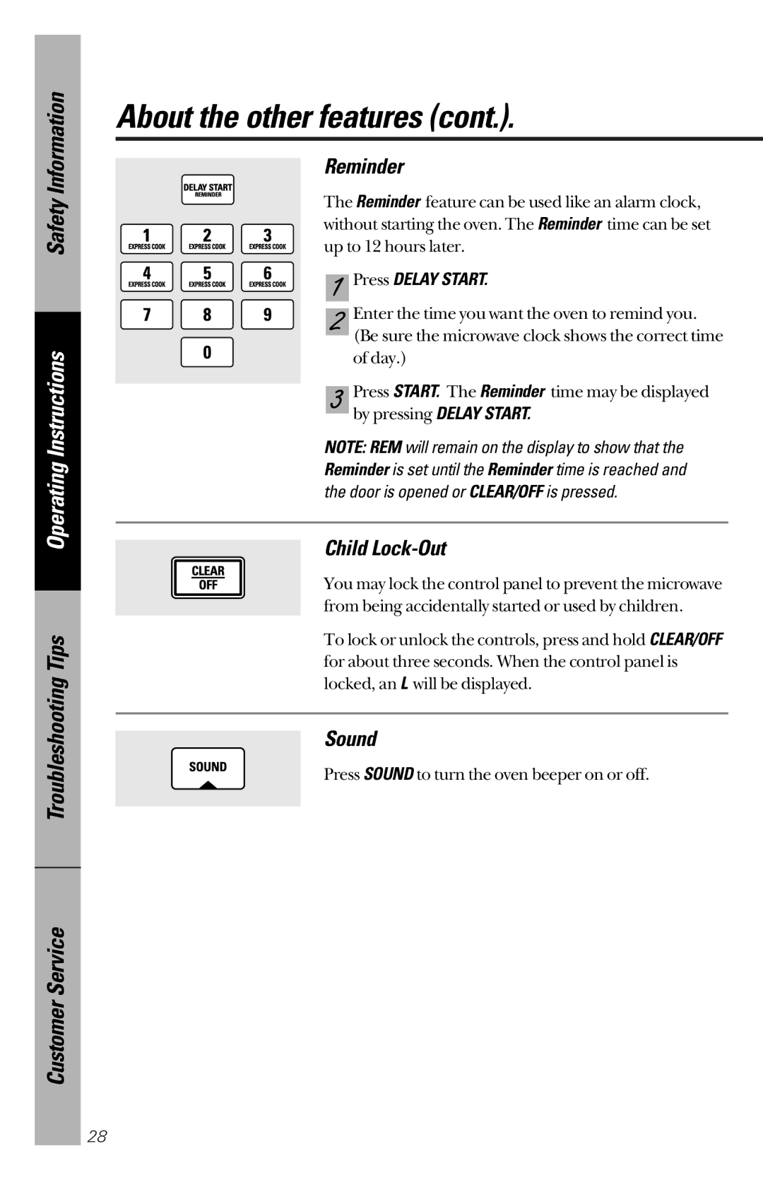 GE JES1339 owner manual Reminder, Child Lock-Out, Sound 