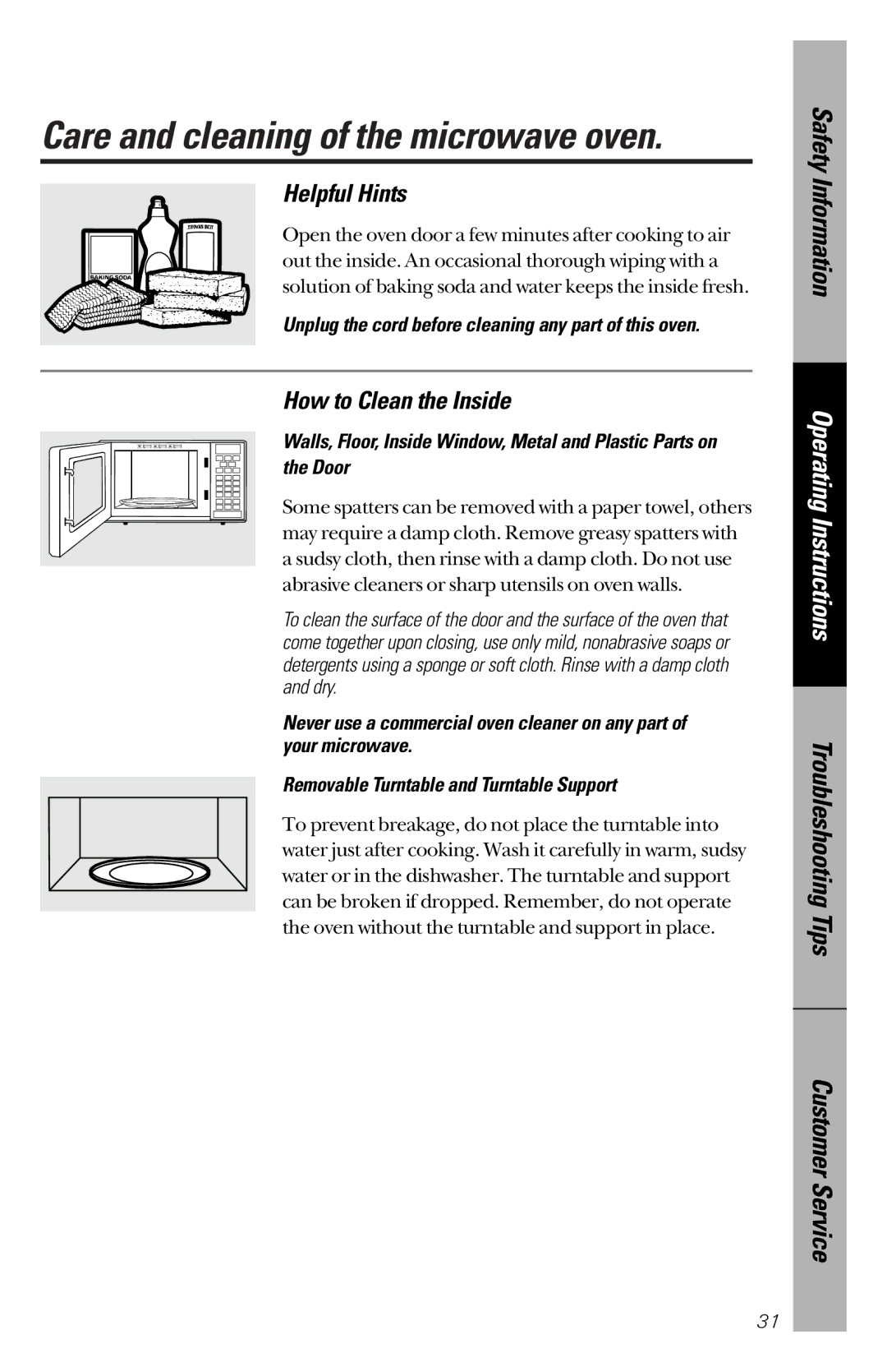 GE JES1339 owner manual Care and cleaning of the microwave oven, Helpful Hints, How to Clean the Inside 