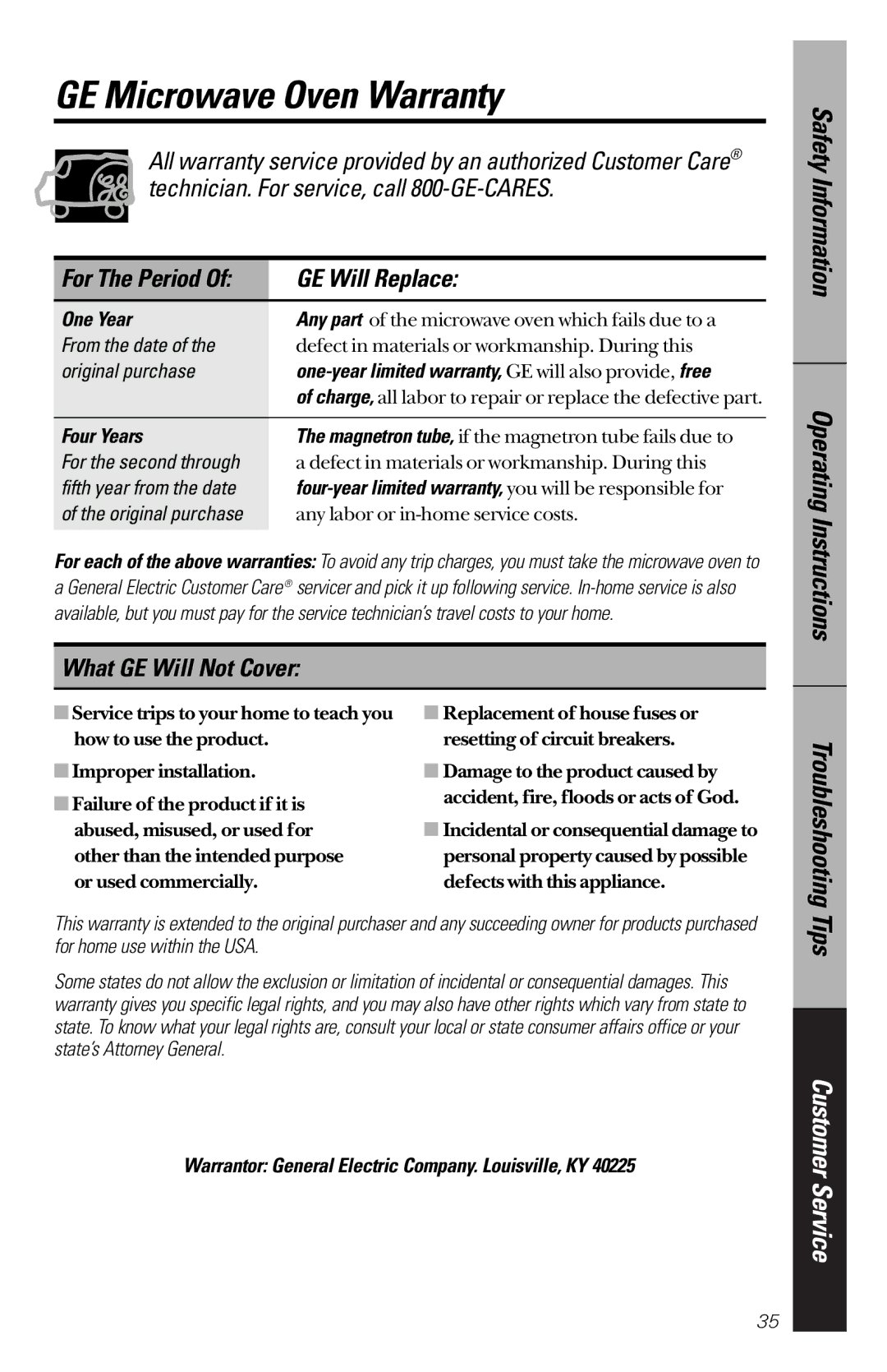 GE JES1339 owner manual GE Microwave Oven Warranty, GE Will Replace, What GE Will Not Cover 