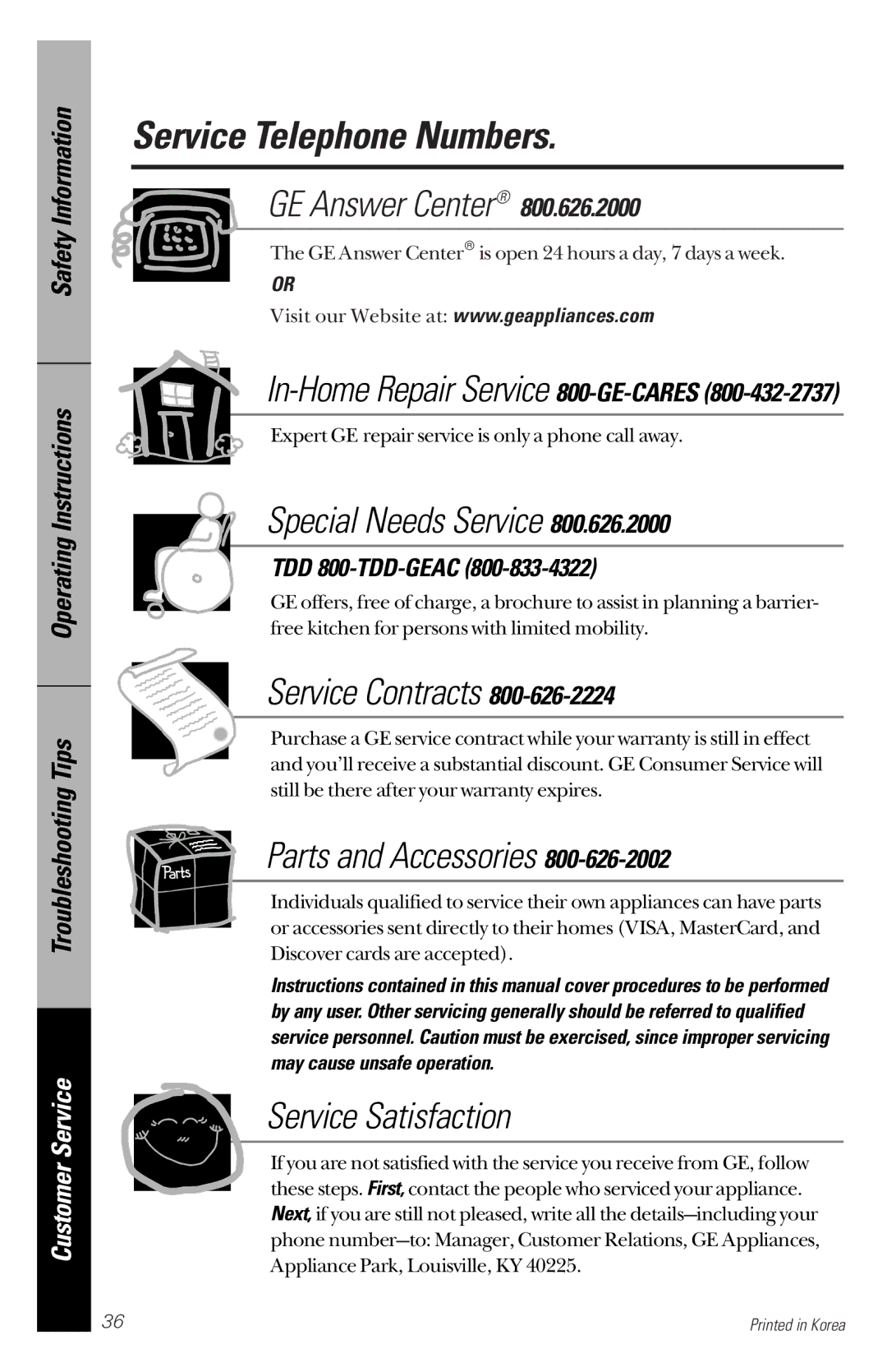 GE JES1339 owner manual Service Telephone Numbers, In-Home Repair Service 800-GE-CARES, TDD 800-TDD-GEAC 