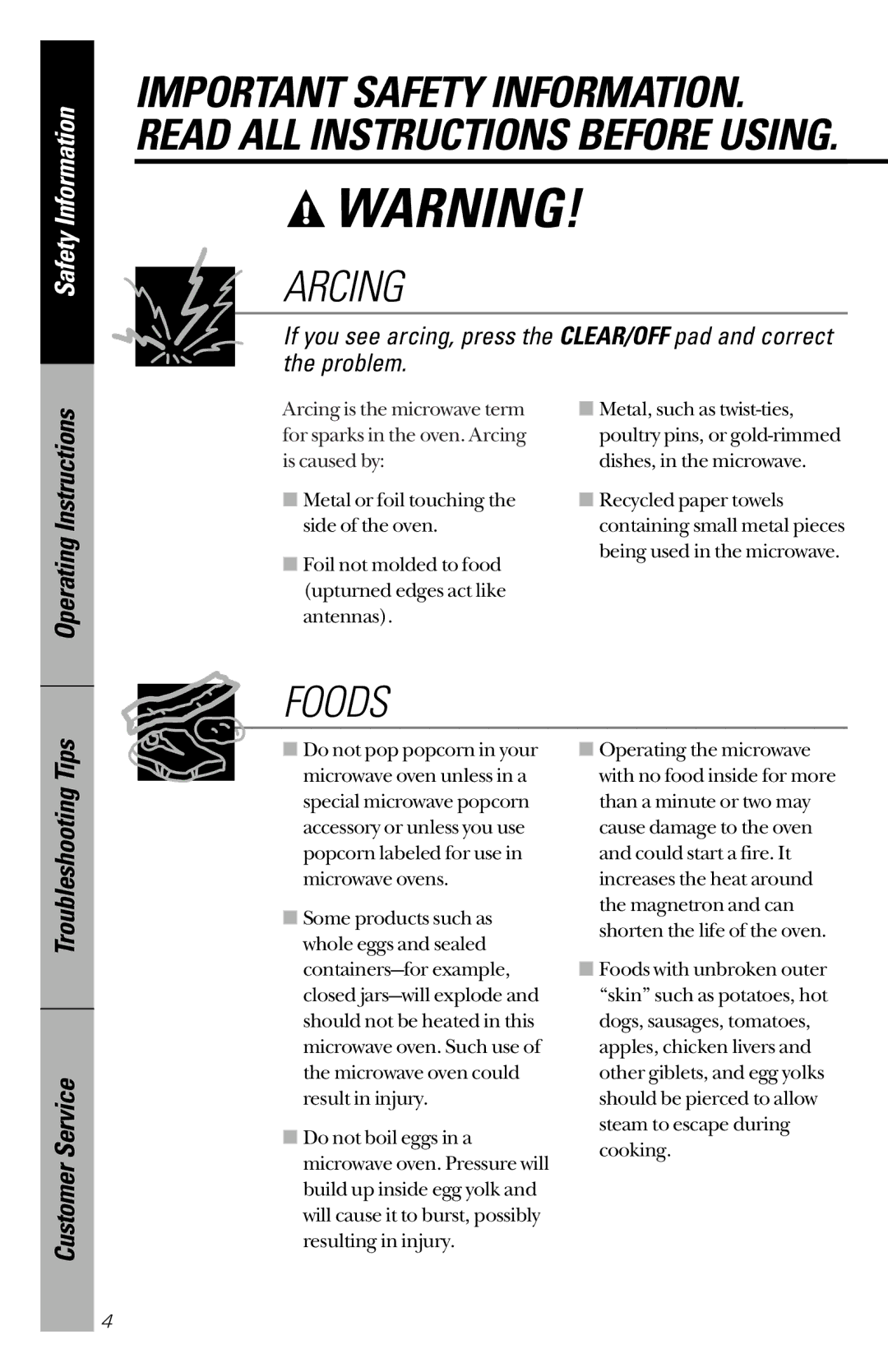 GE JES1339 owner manual Arcing, Operating Instructions 