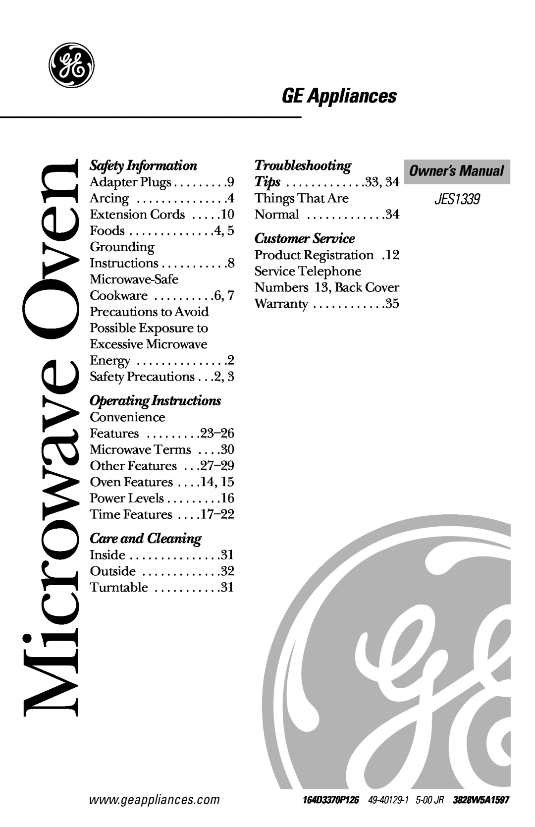 GE JES1339 owner manual GE Appliances, Microwave Oven, Safety Information, Troubleshooting, Customer Service 