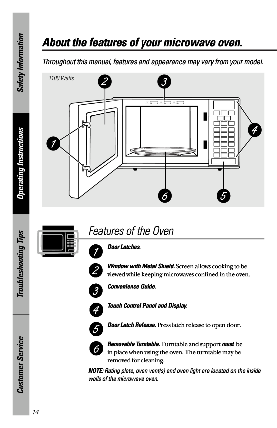 GE JES1339 Features of the Oven, Operating Instructions, About the features of your microwave oven, Safety Information 