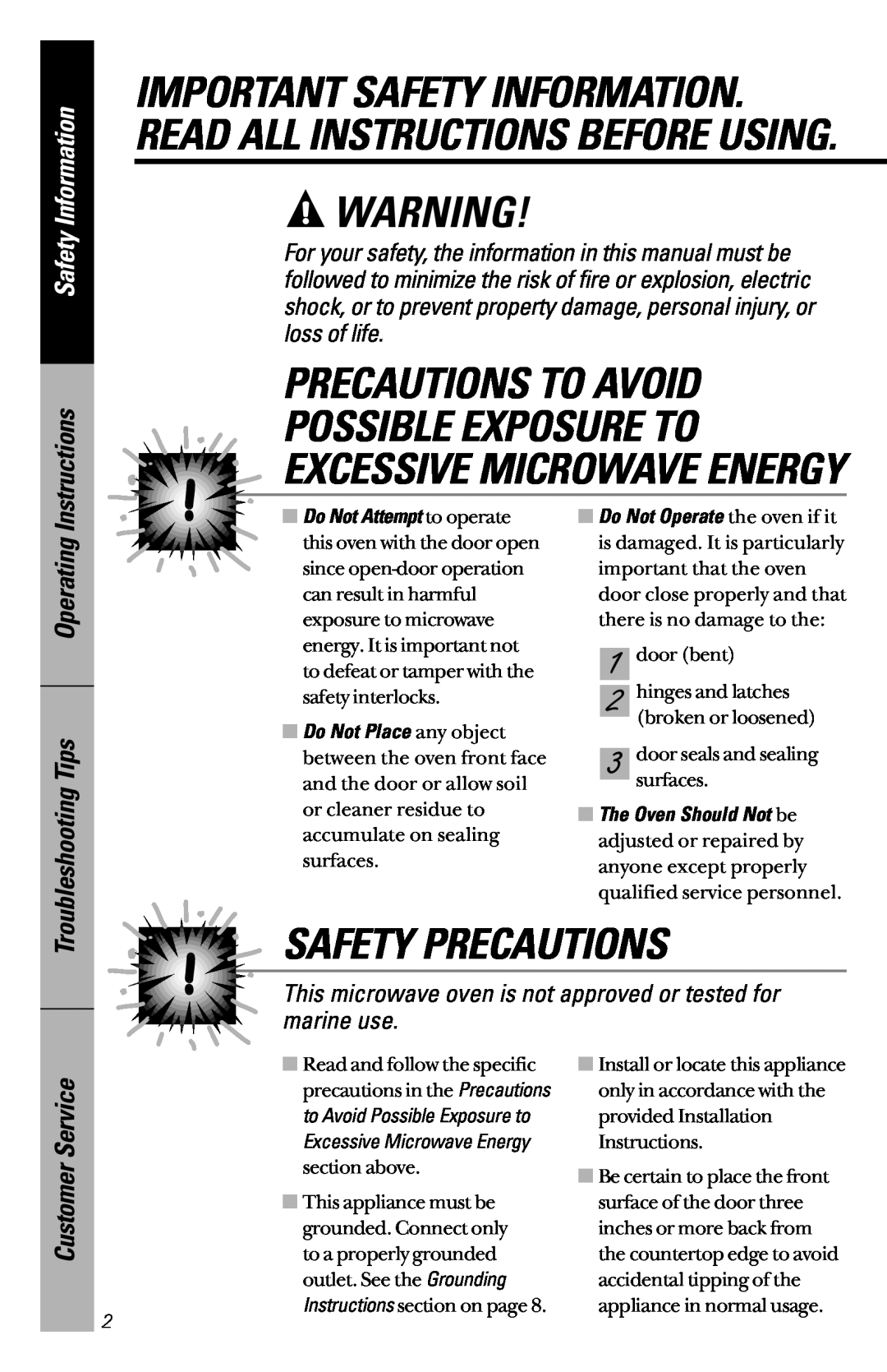 GE JES1339 Precautions To Avoid, Safety Precautions, Possible Exposure To Excessive Microwave Energy, Safety Information 