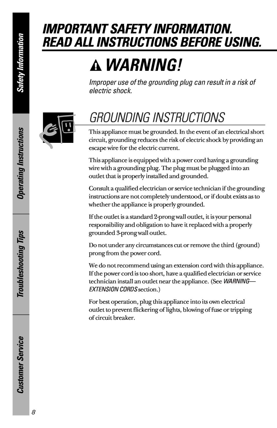GE JES1339 Grounding Instructions, Safety Information, Operating Instructions Troubleshooting Tips, Customer Service 