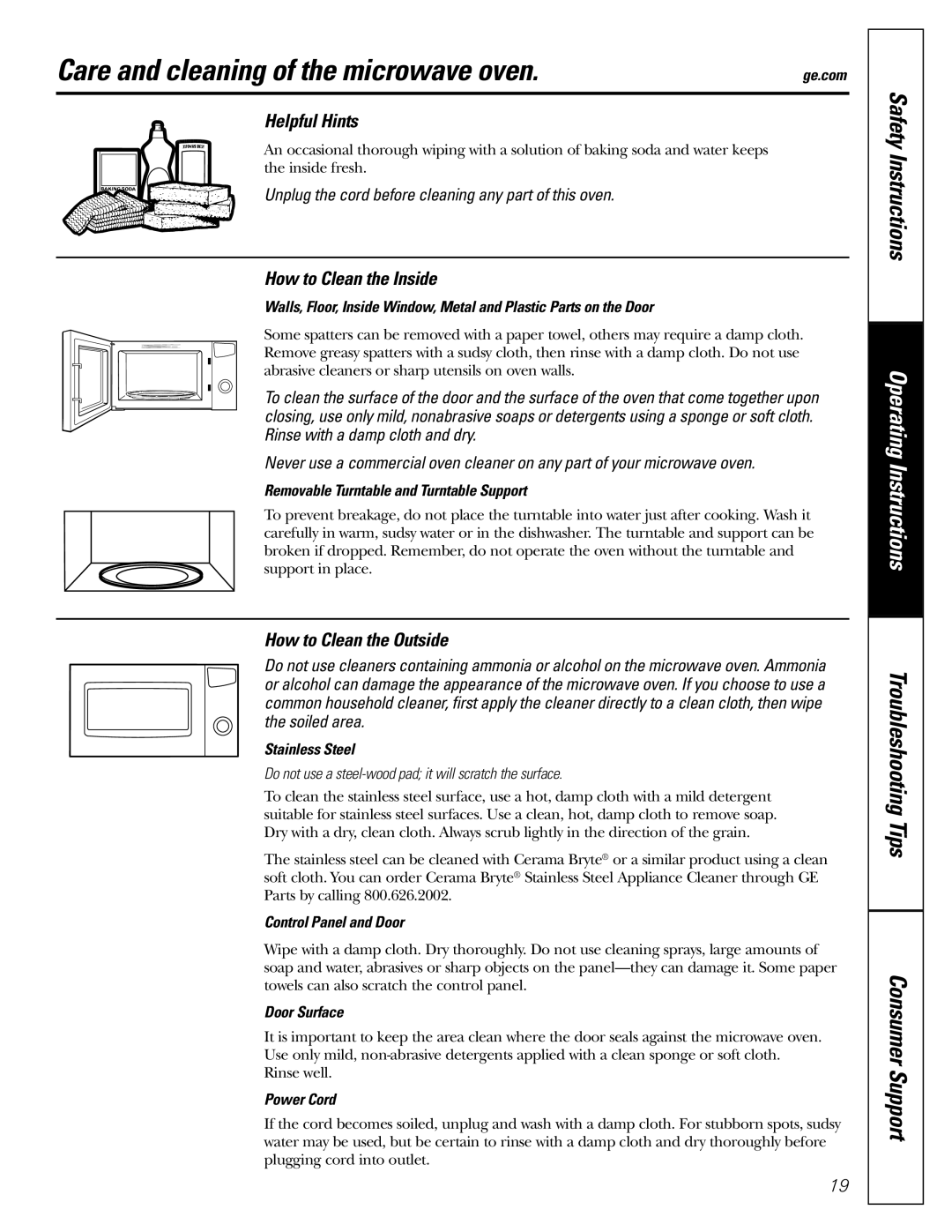 GE JES1344 Care and cleaning of the microwave oven, Helpful Hints, How to Clean the Inside, How to Clean the Outside 