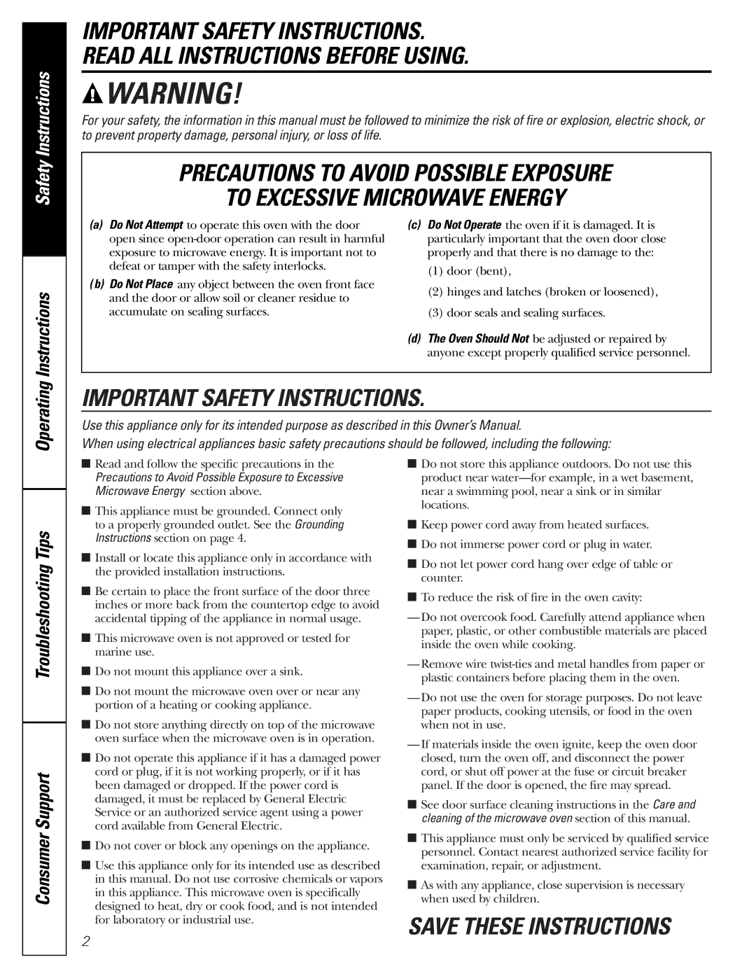 GE JES1344 owner manual Important Safety Instructions 