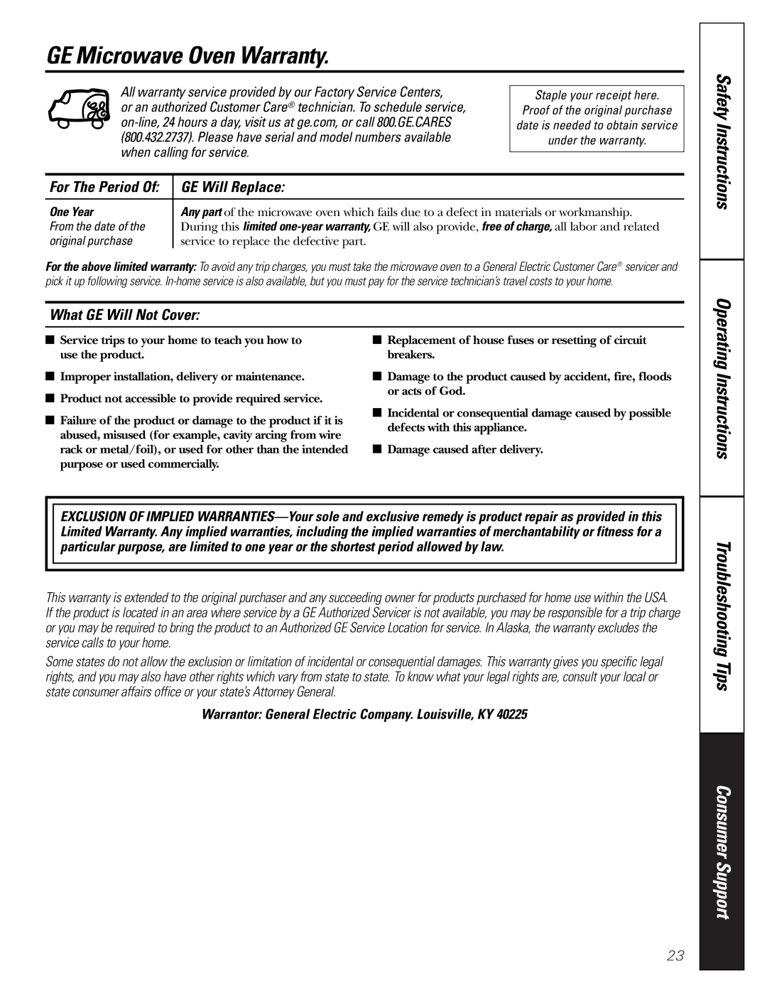 GE JES1344 GE Microwave Oven Warranty, GE Will Replace, What GE Will Not Cover, When calling for service For The Period 