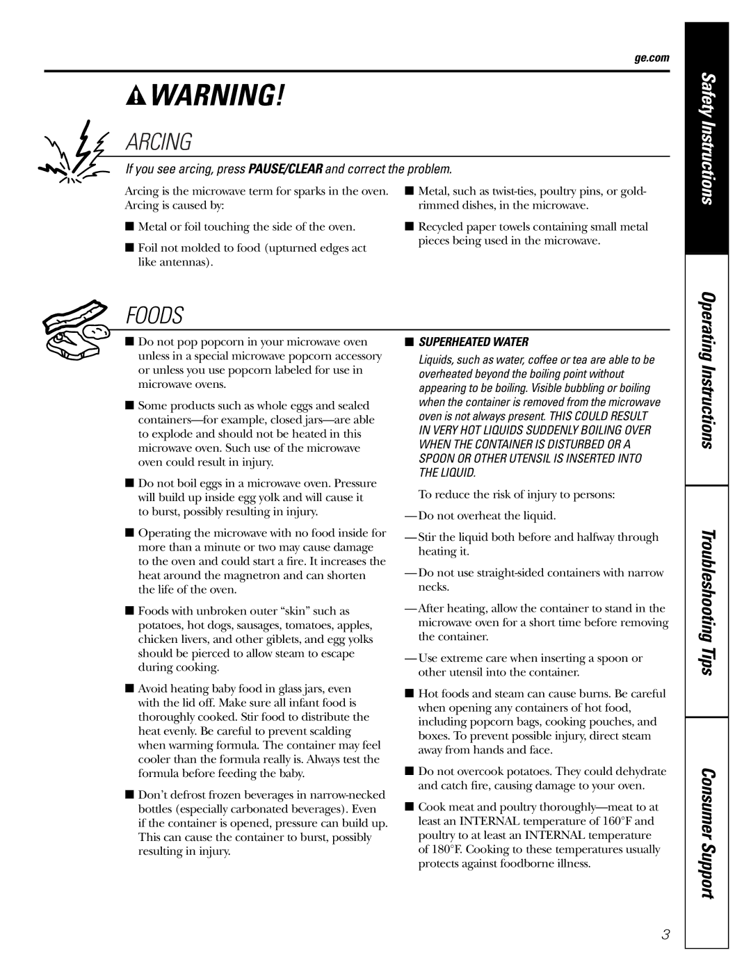 GE JES1344 owner manual Arcing, Foods, Ge.com 