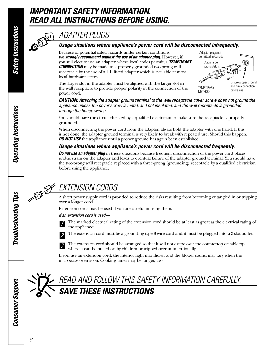 GE JES1344 owner manual Adapter Plugs, Extension Cords, If an extension cord is used 