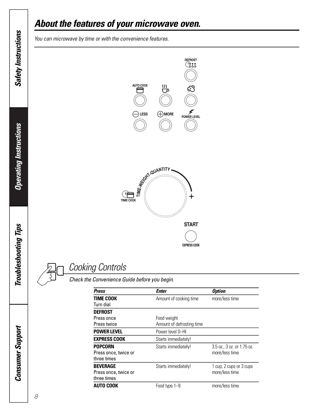 GE JES1344 owner manual Cooking Controls, Press Enter Option 