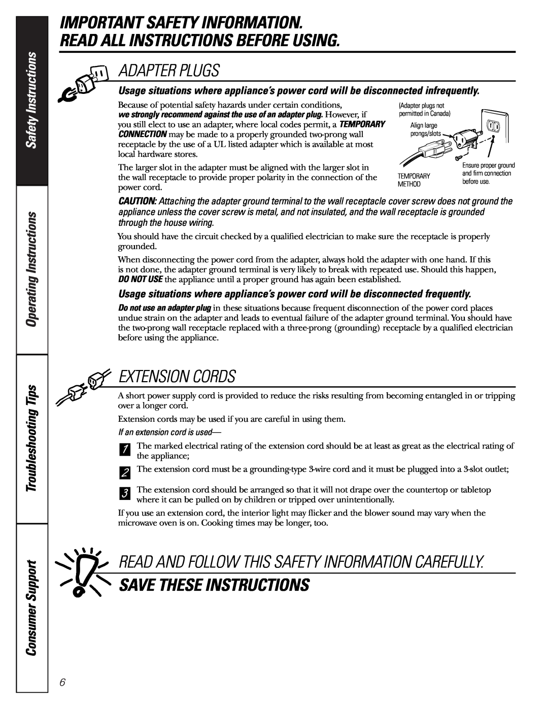 GE JES1344 owner manual Important Safety Information Read All Instructions Before Using, Adapter Plugs, Extension Cords 