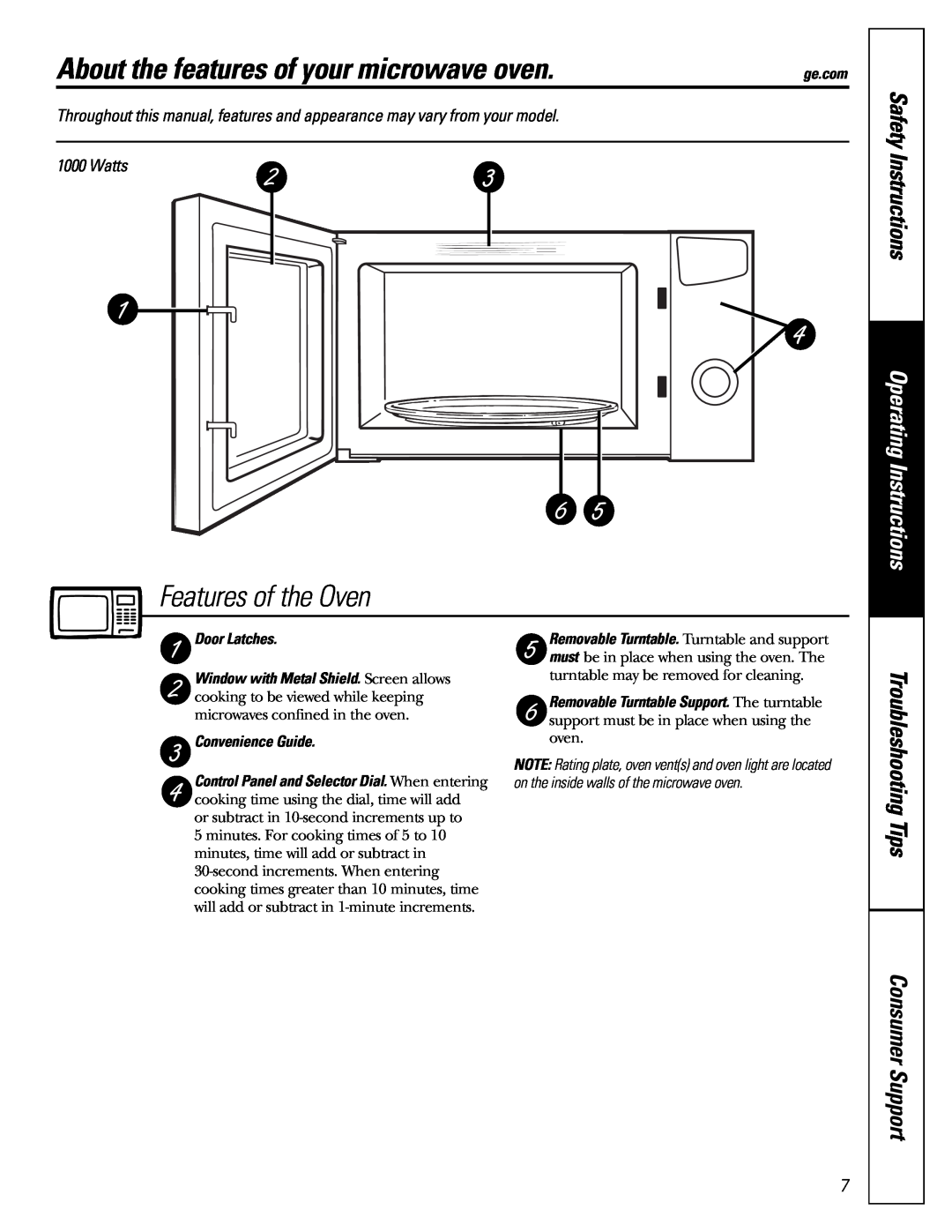 GE JES1344 About the features of your microwave oven, Features of the Oven, Safety Instructions, Operating Instructions 
