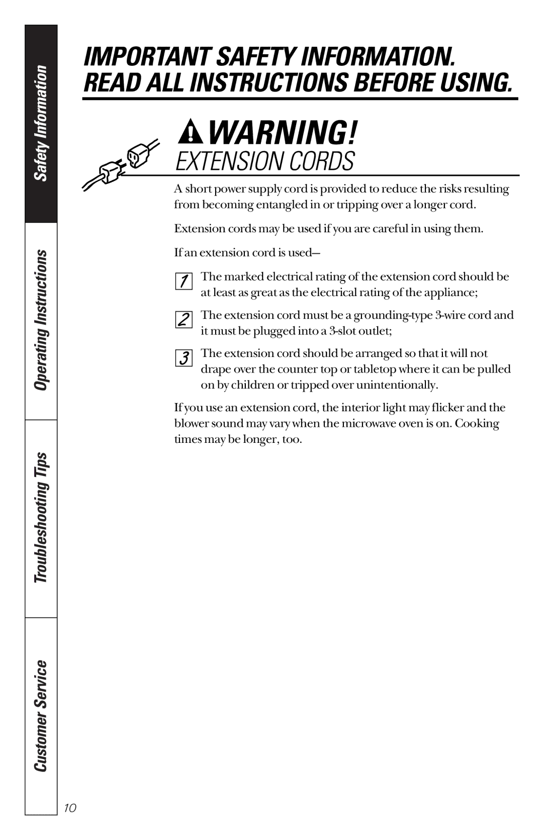 GE JES1351 owner manual Extension Cords 