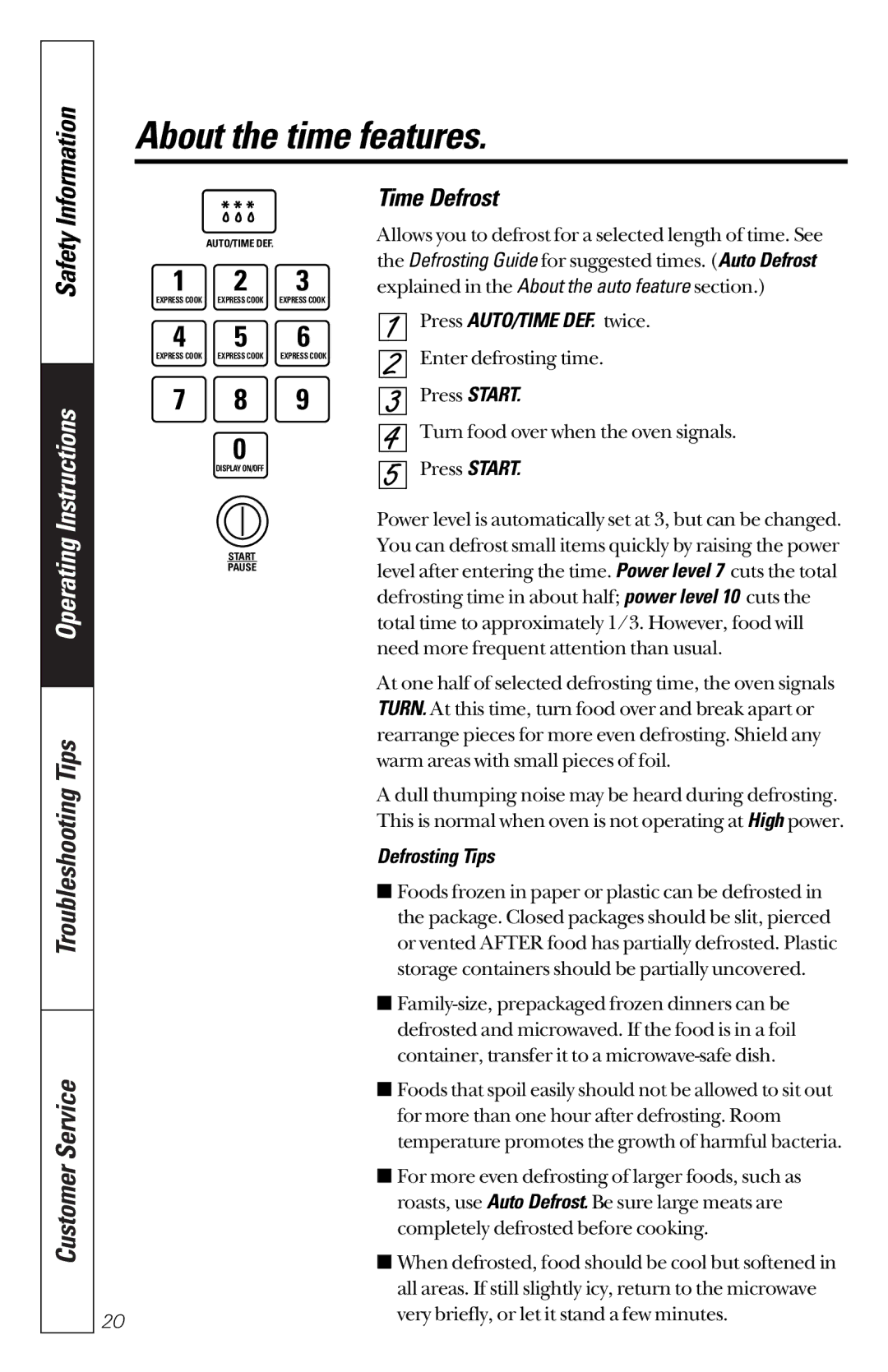 GE JES1351 owner manual Time Defrost, Press AUTO/TIME DEF. twice, Defrosting Tips 