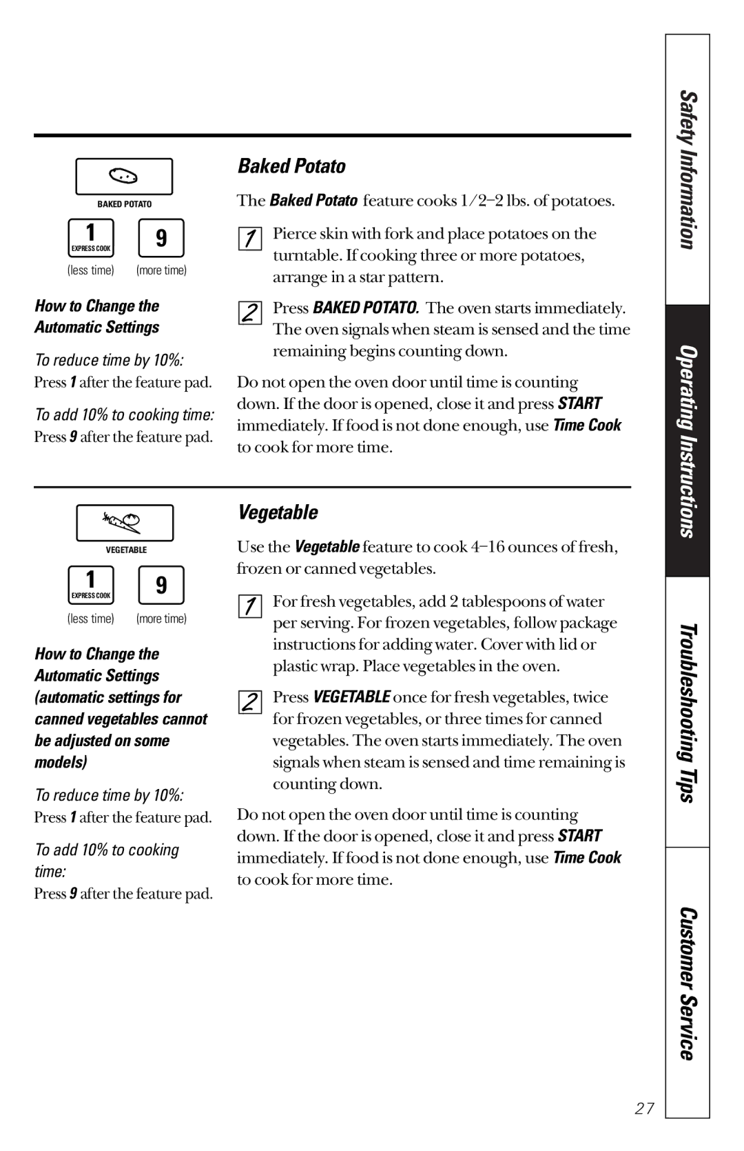 GE JES1351 owner manual Baked Potato, Vegetable, Troubleshooting Tips, To add 10% to cooking, Time 