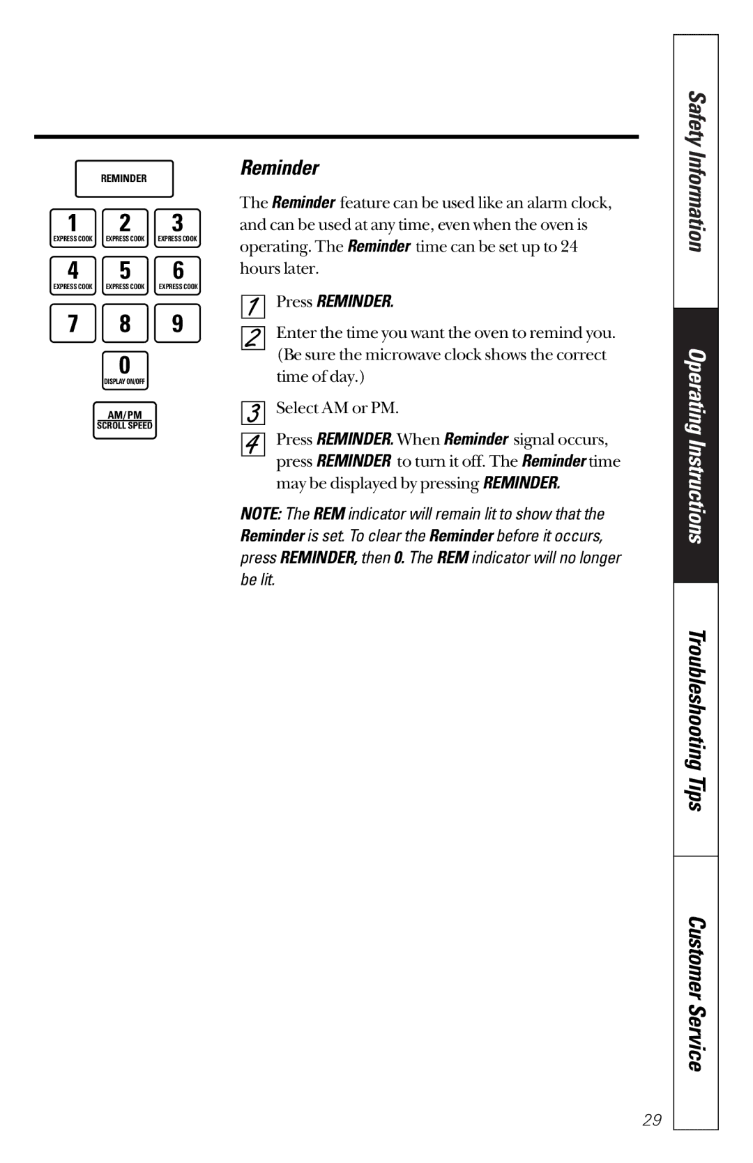 GE JES1351 owner manual Press Reminder 