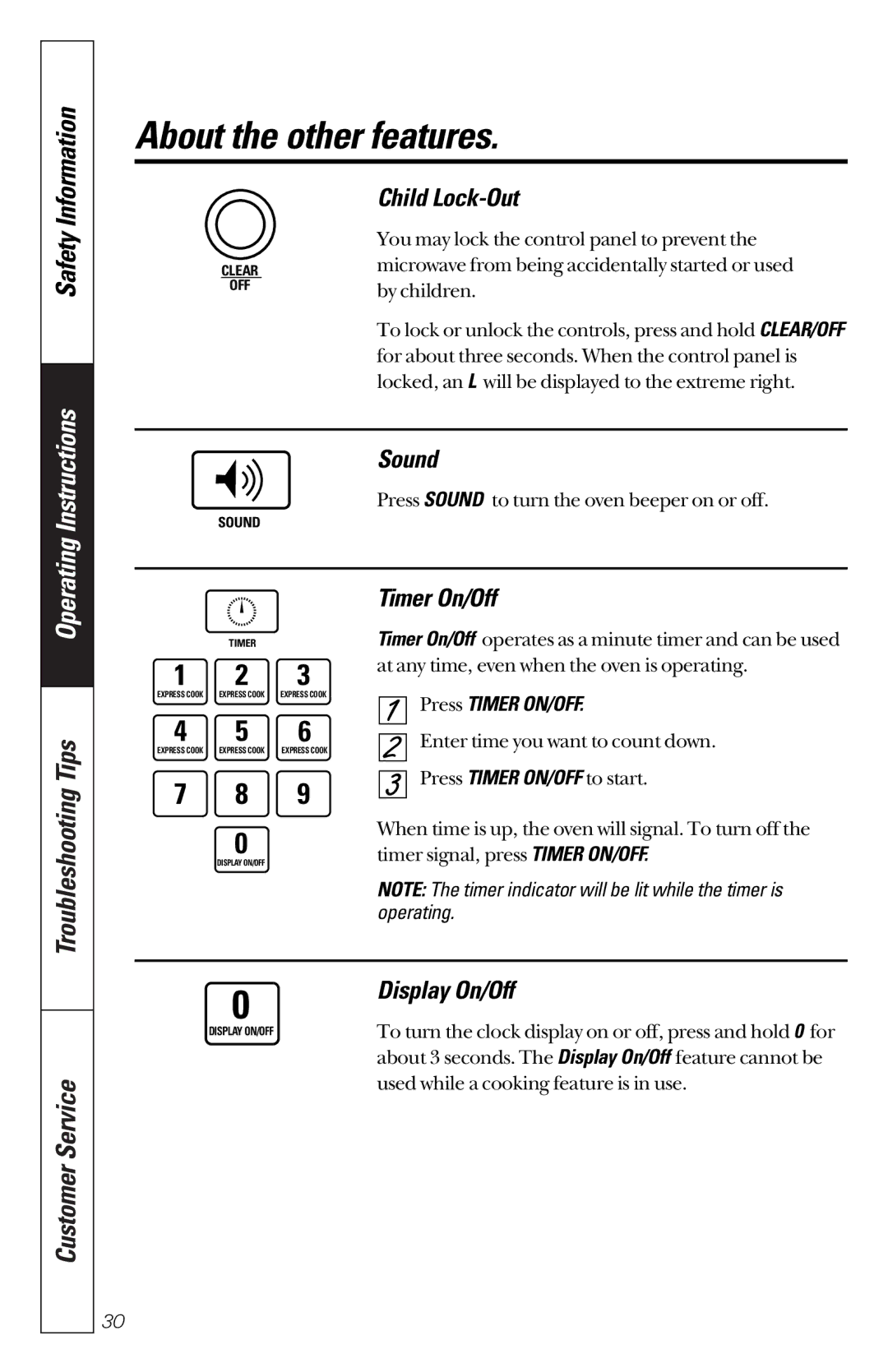 GE JES1351 owner manual Child Lock-Out, Sound, Timer On/Off, Display On/Off, Press Timer ON/OFF 