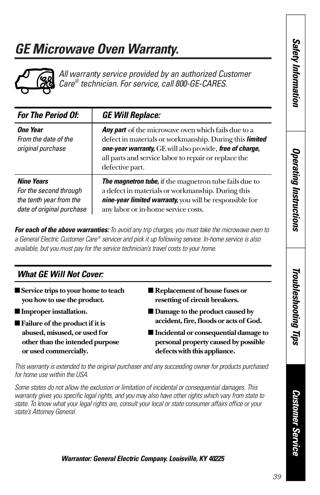 GE JES1351 owner manual GE Microwave Oven Warranty, GE Will Replace, What GE Will Not Cover 