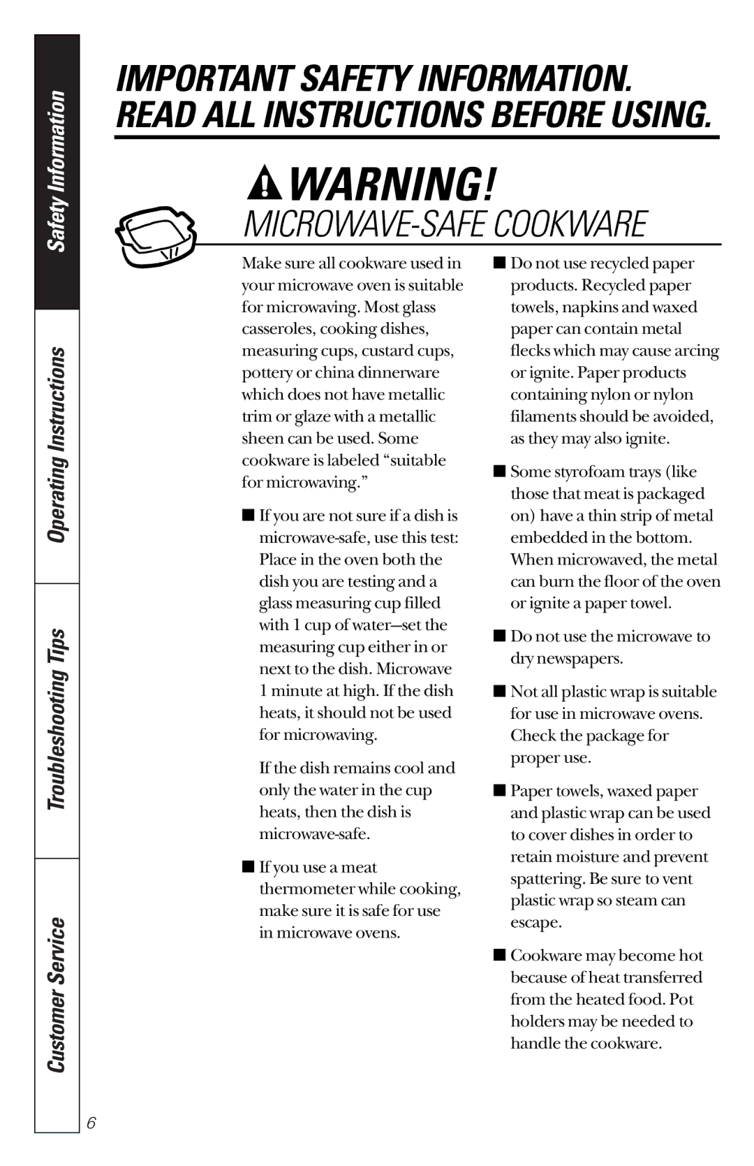 GE JES1351 owner manual MICROWAVE-SAFE Cookware 