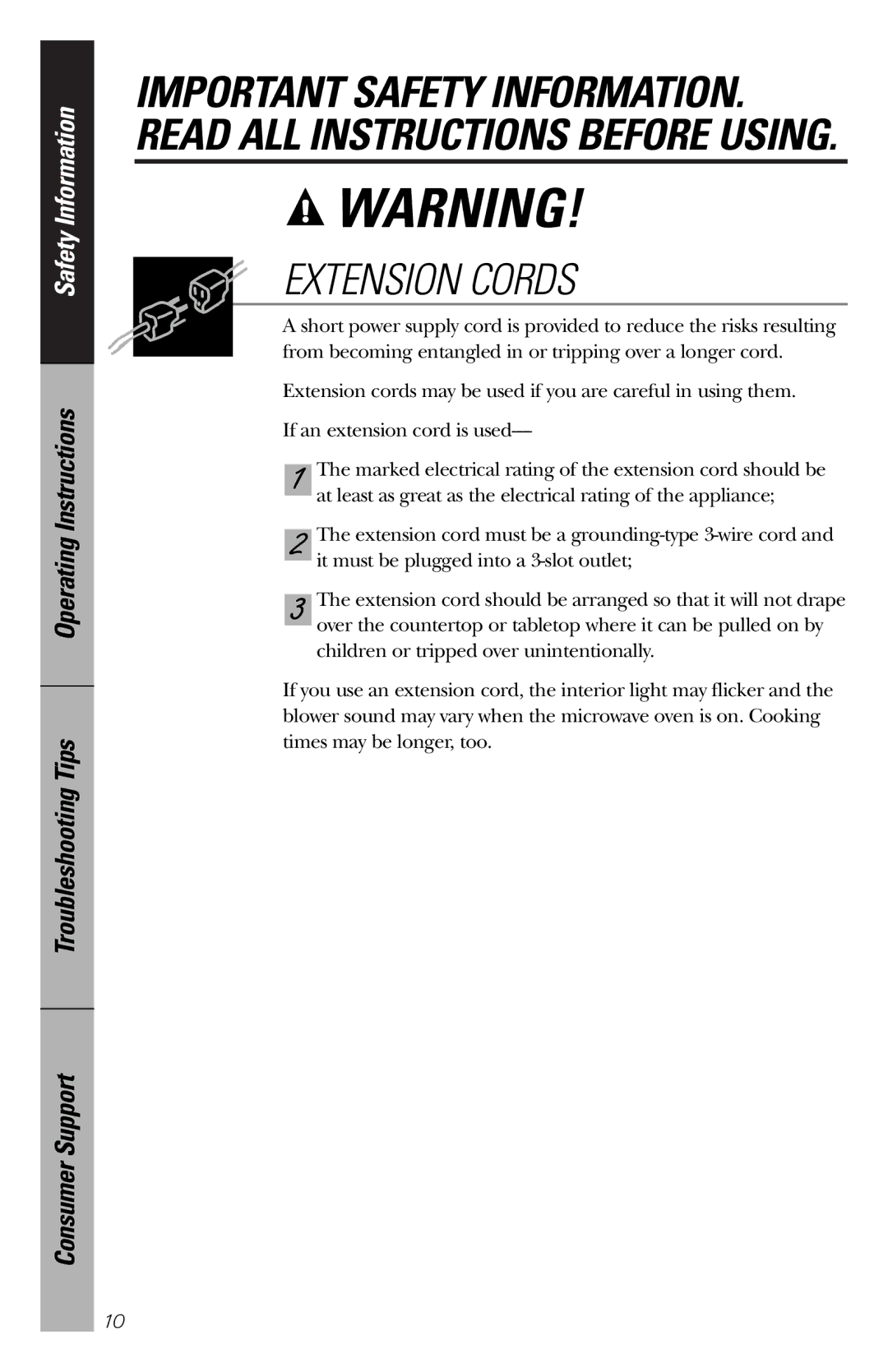 GE JES1358 owner manual Extension Cords 