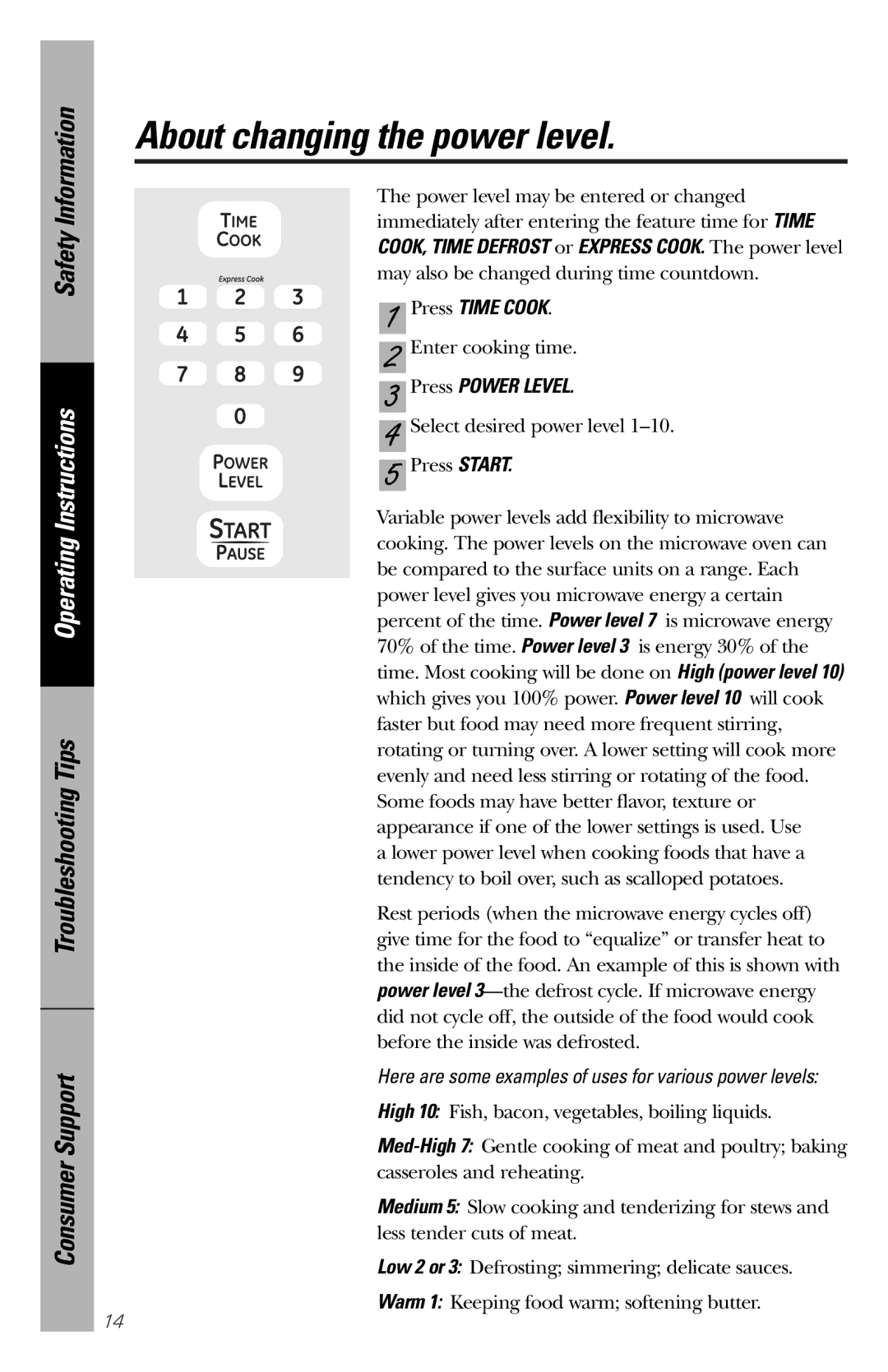 GE JES1358 owner manual About changing the power level, Press Time Cook, Press Power Level 