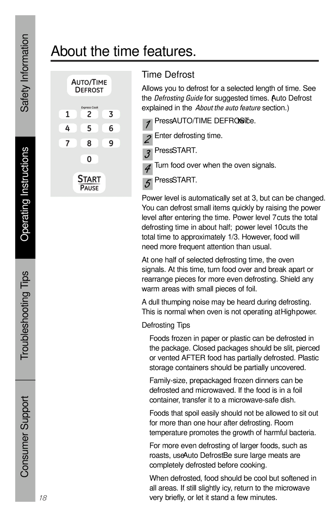 GE JES1358 owner manual Time Defrost, Press AUTO/TIME Defrost twice, Defrosting Tips 