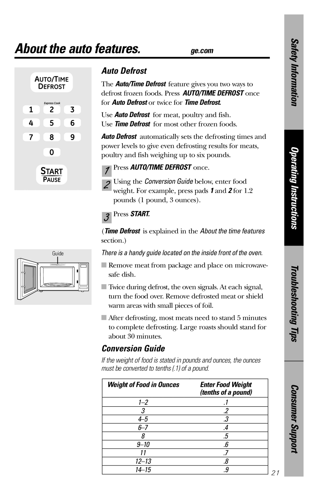 GE JES1358 owner manual Conversion Guide, For Auto Defrost or twice for Time Defrost, Press AUTO/TIME Defrost once 