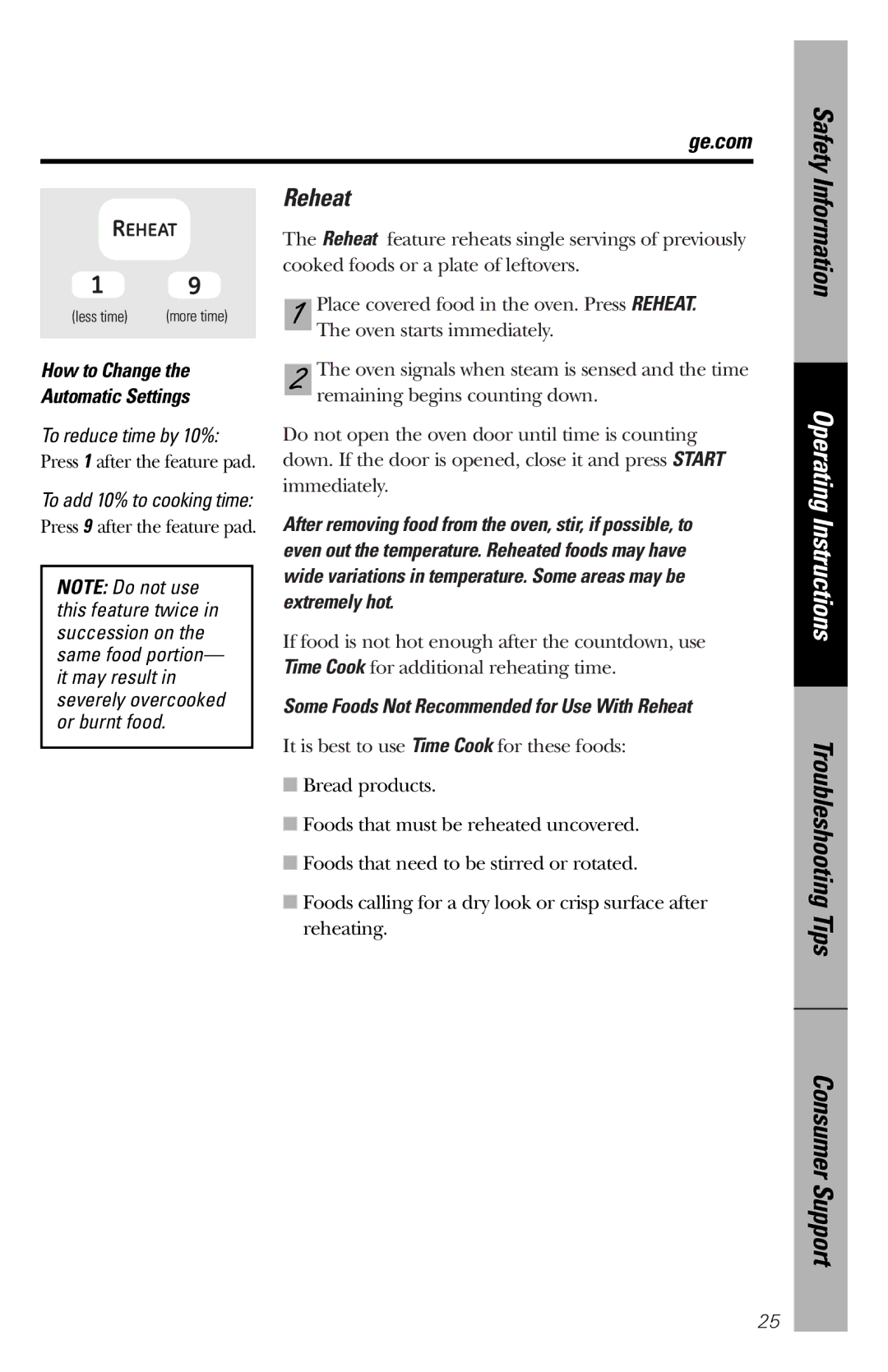 GE JES1358 owner manual How to Change Automatic Settings, Some Foods Not Recommended for Use With Reheat 