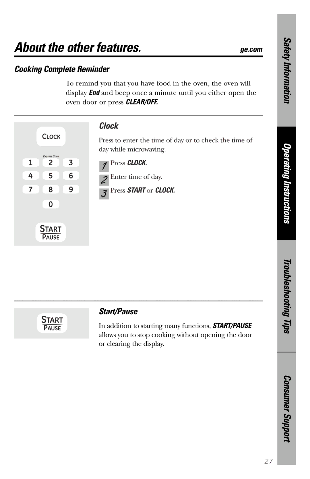 GE JES1358 owner manual About the other features, Cooking Complete Reminder, Clock, Start/Pause 