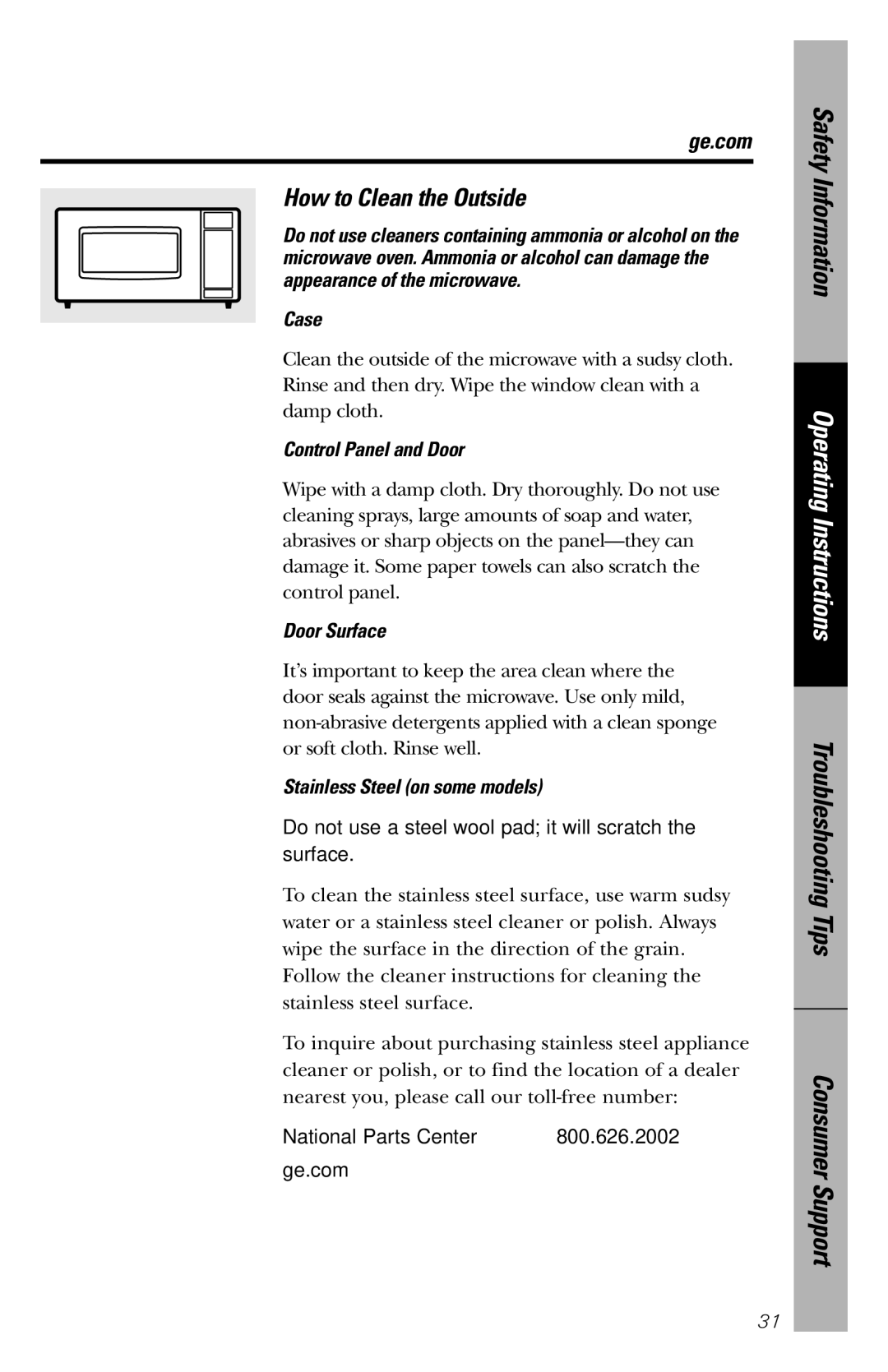 GE JES1358 How to Clean the Outside, Case, Control Panel and Door, Door Surface, Stainless Steel on some models 