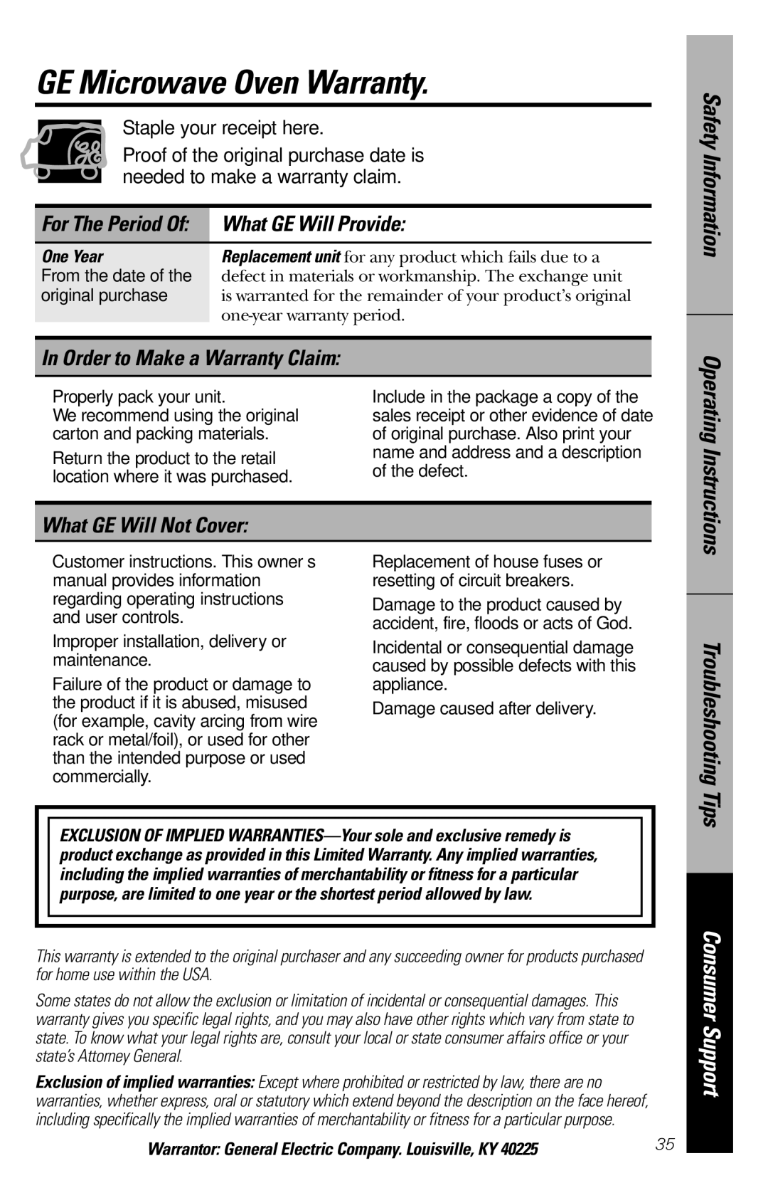 GE JES1358 GE Microwave Oven Warranty, What GE Will Provide, Order to Make a Warranty Claim, What GE Will Not Cover 