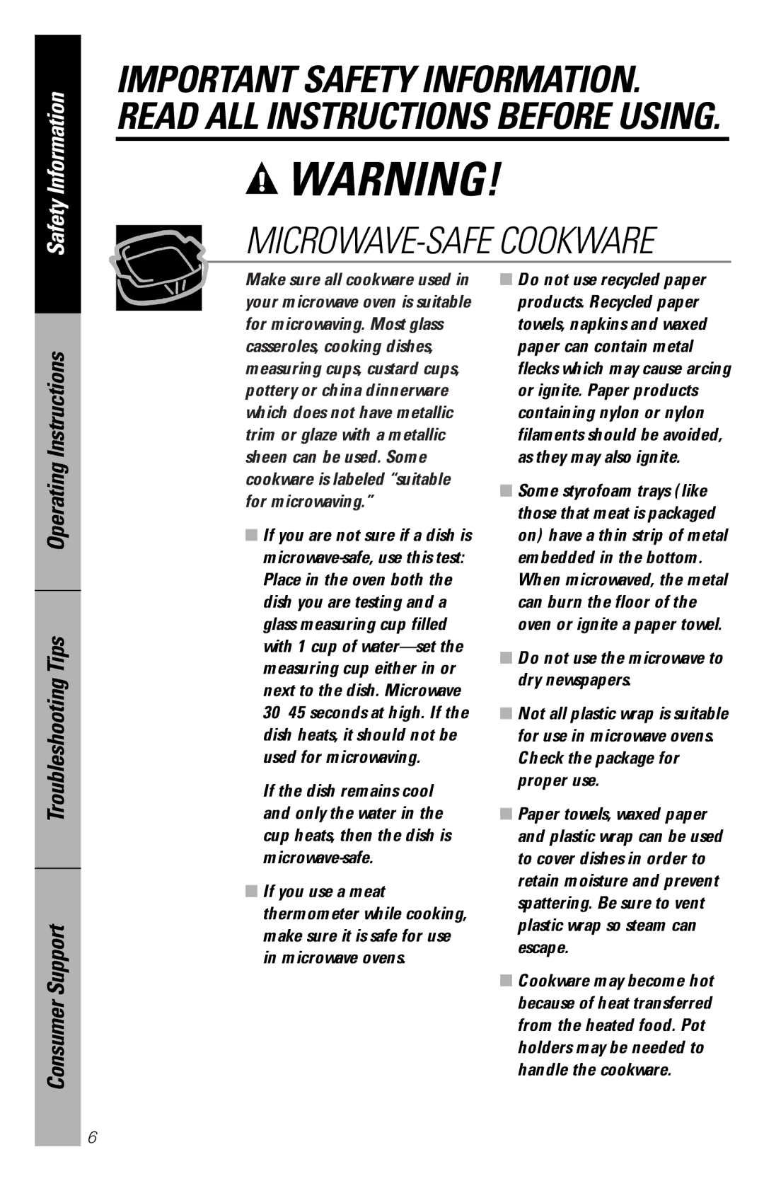 GE JES1358 owner manual MICROWAVE-SAFE Cookware 