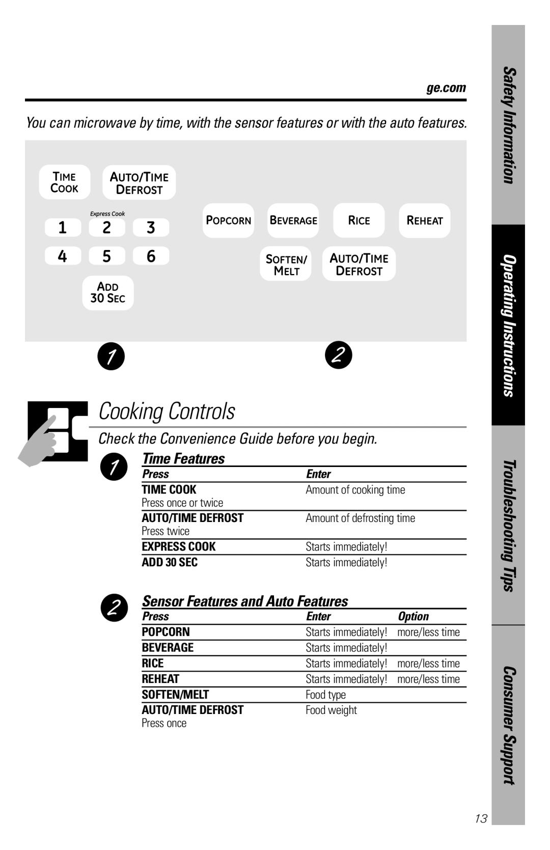 GE JES1358 Cooking Controls, Check the Convenience Guide before you begin, Time Features, Safety Information, Time Cook 