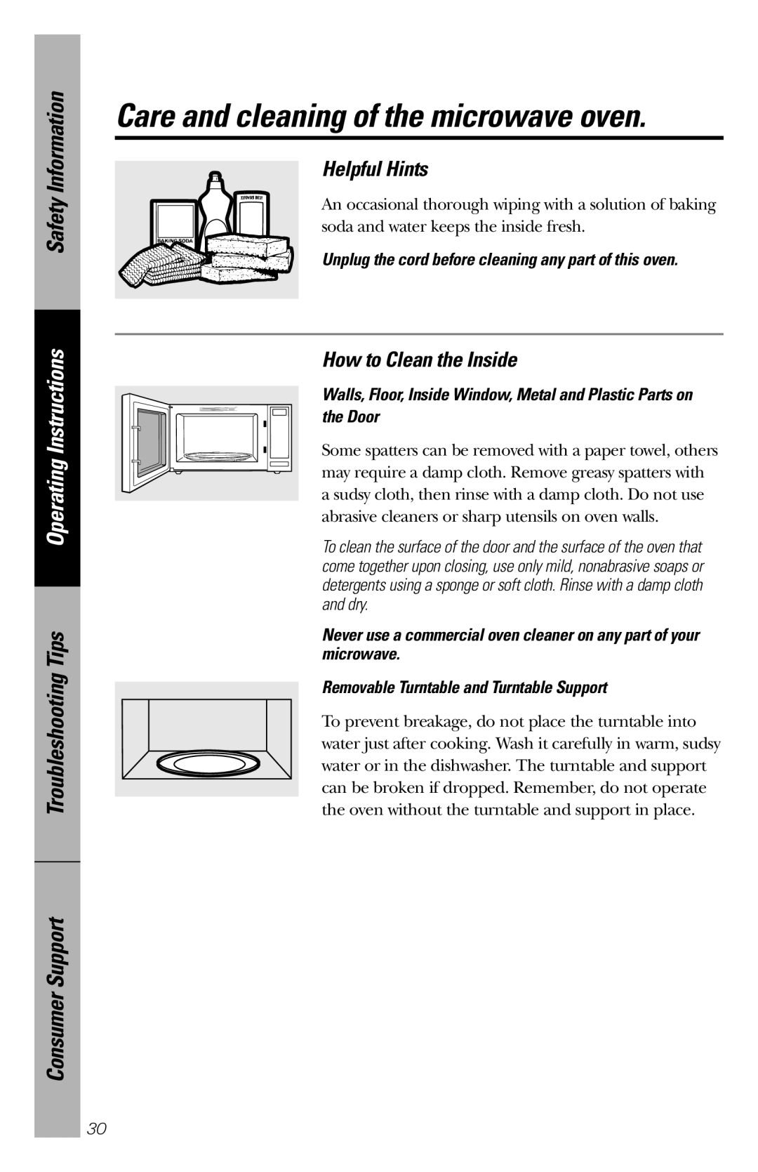 GE JES1358 owner manual Helpful Hints, How to Clean the Inside, Care and cleaning of the microwave oven, Safety Information 