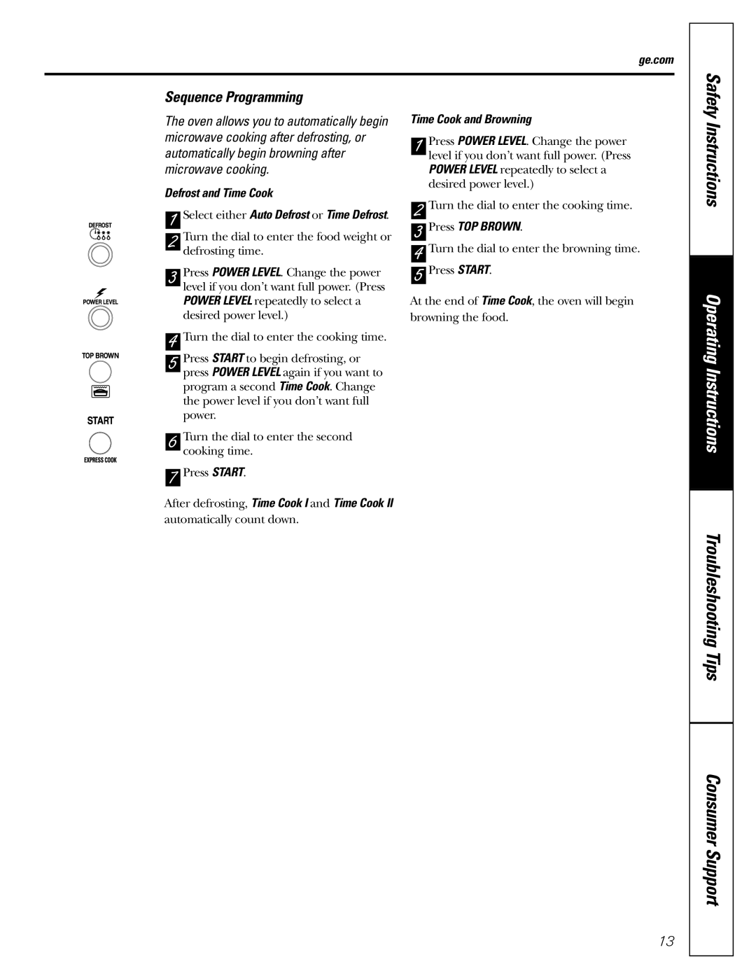 GE JES1384SF owner manual Sequence Programming, Defrost and Time Cook, Time Cook and Browning 