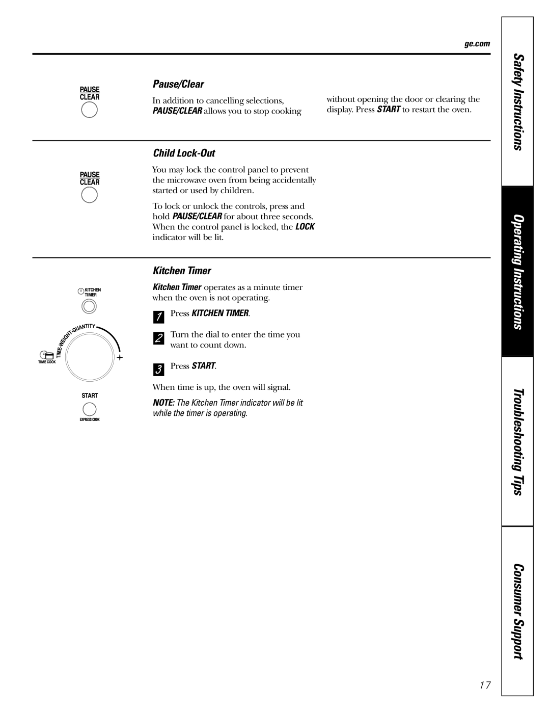 GE JES1384SF owner manual Pause/Clear, Child Lock-Out, Press Kitchen Timer 