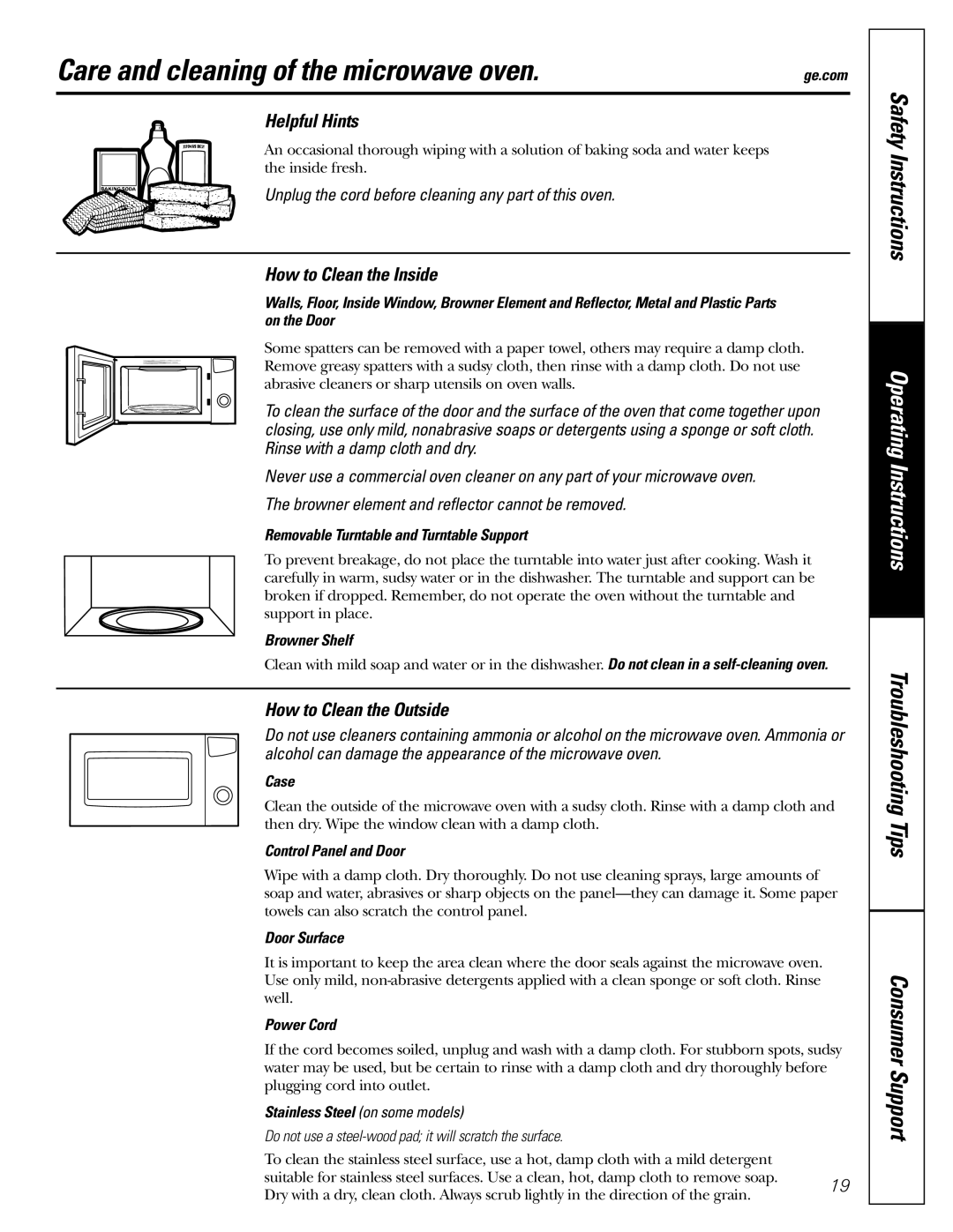 GE JES1384SF Care and cleaning of the microwave oven, Helpful Hints, How to Clean the Inside, How to Clean the Outside 