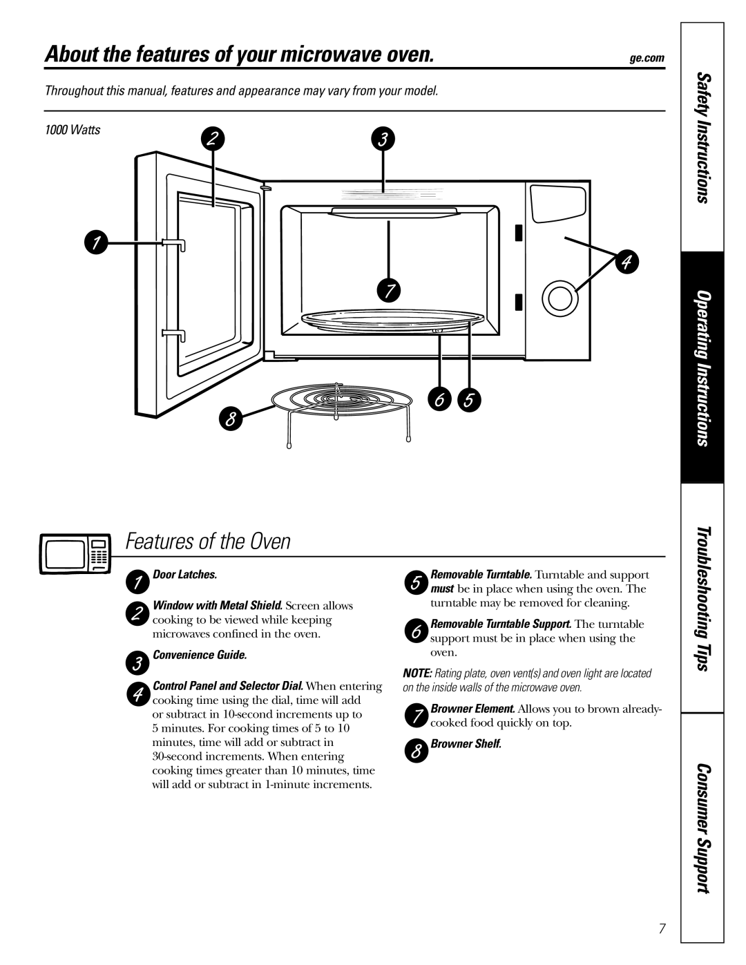 GE JES1384SF owner manual About the features of your microwave oven, Door Latches, Convenience Guide, Browner Shelf 