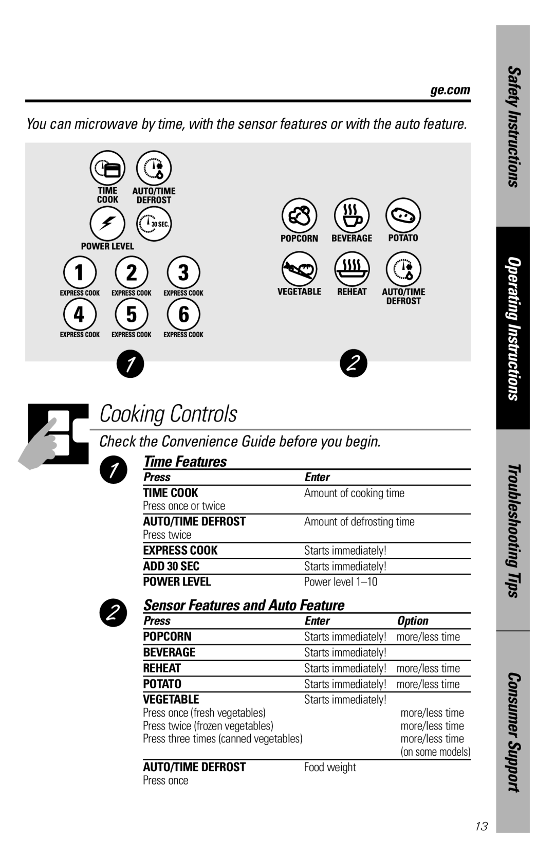 GE JES1456 owner manual Time Features, Sensor Features and Auto Feature, Press Enter Option, Food weight Press once 