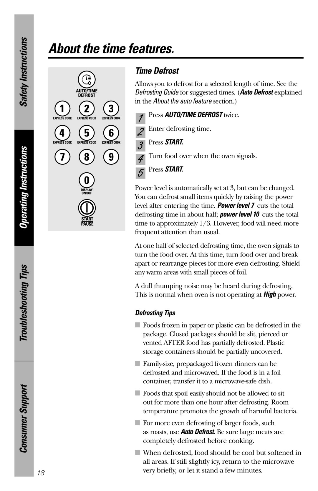 GE JES1456 owner manual Time Defrost, Press AUTO/TIME Defrost twice, Defrosting Tips 